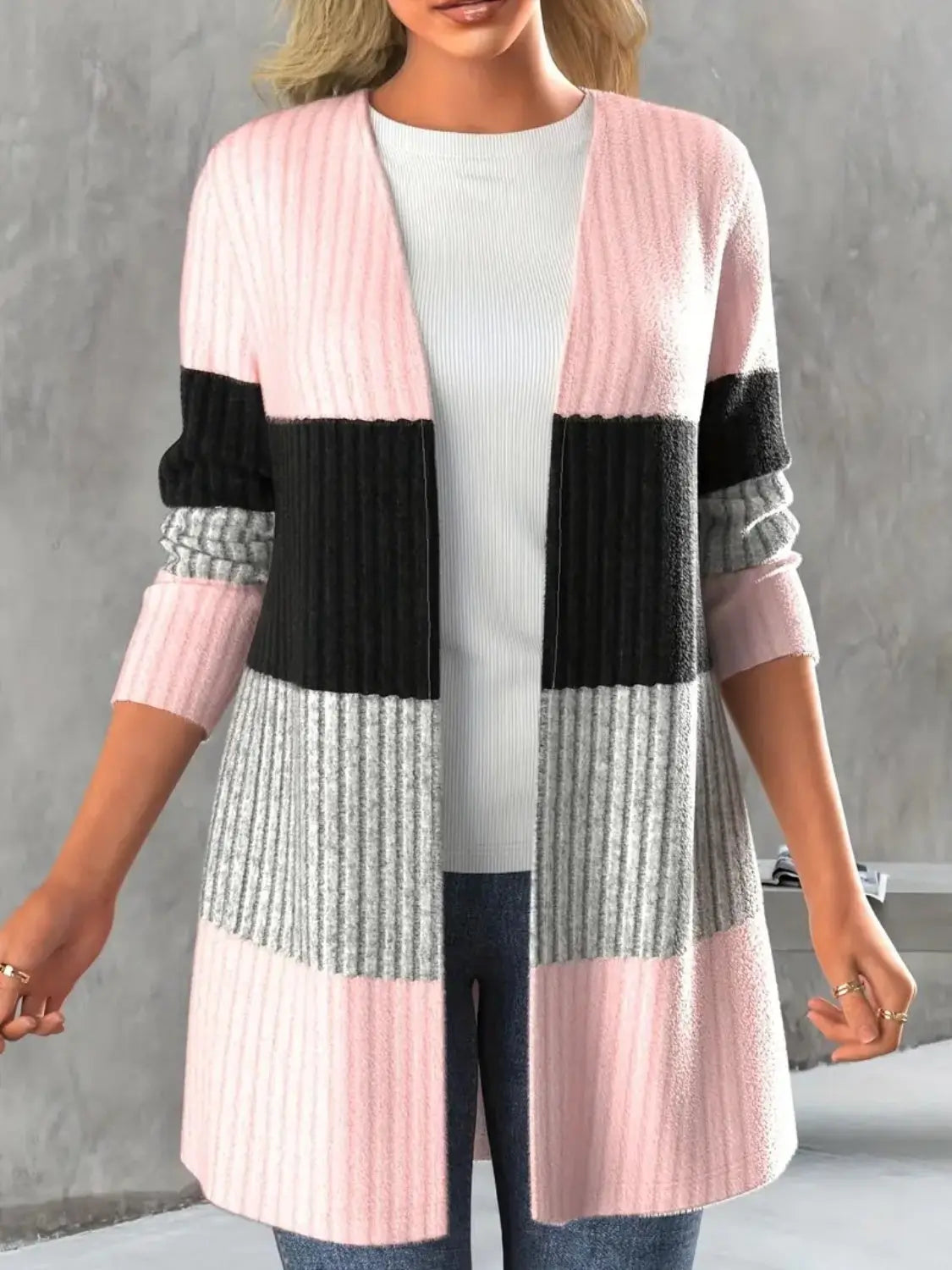 Color Block Open Front Long Sleeve Cardigan Trendsi