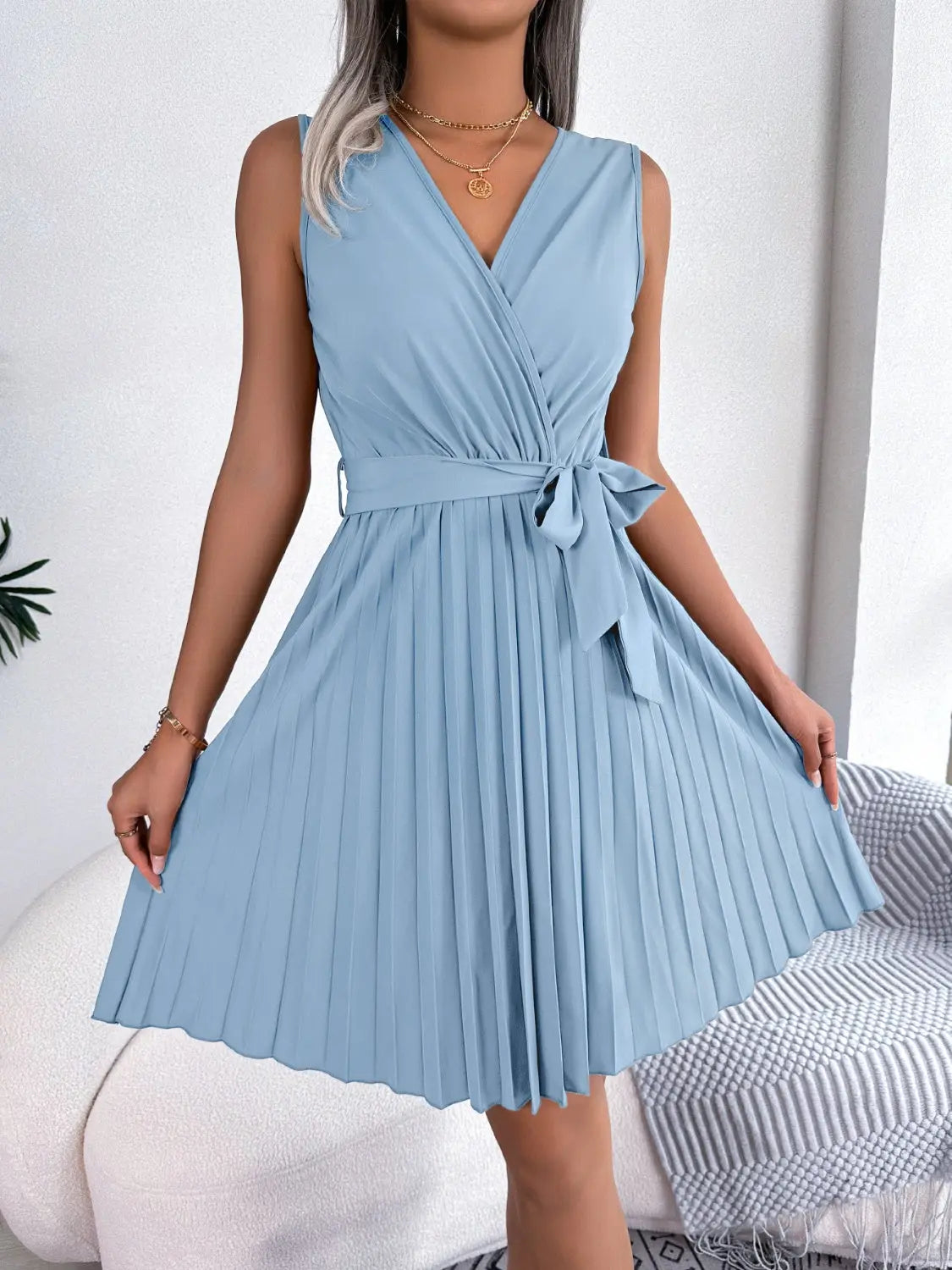 Tied Surplice Sleeveless Pleated Dress - GlossiChic Collection Light Blue / S GlossiChic Collection Dresses