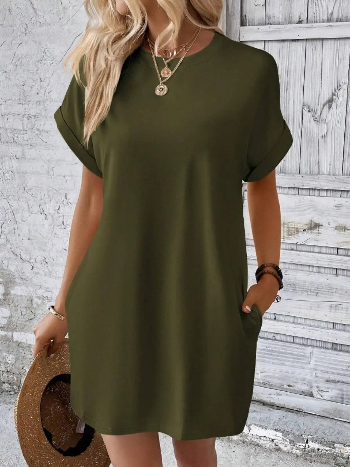 Pocketed Round Neck Short Sleeve Dress Trendsi