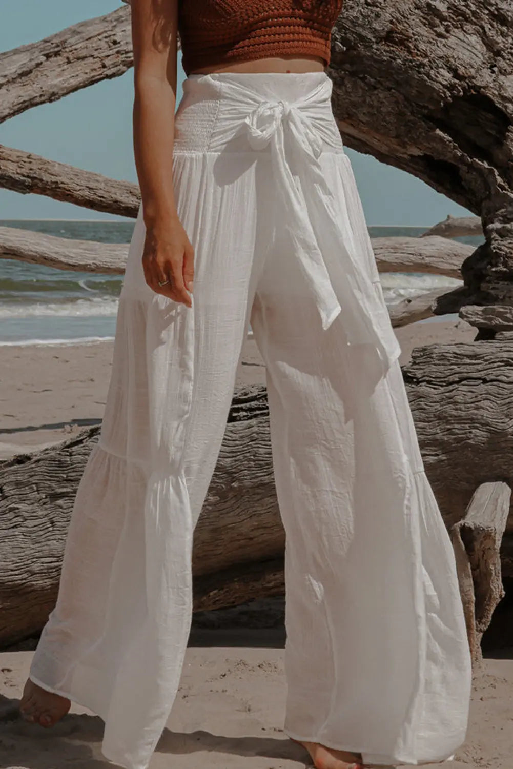 Smocked Tied Wide Leg Pants Trendsi