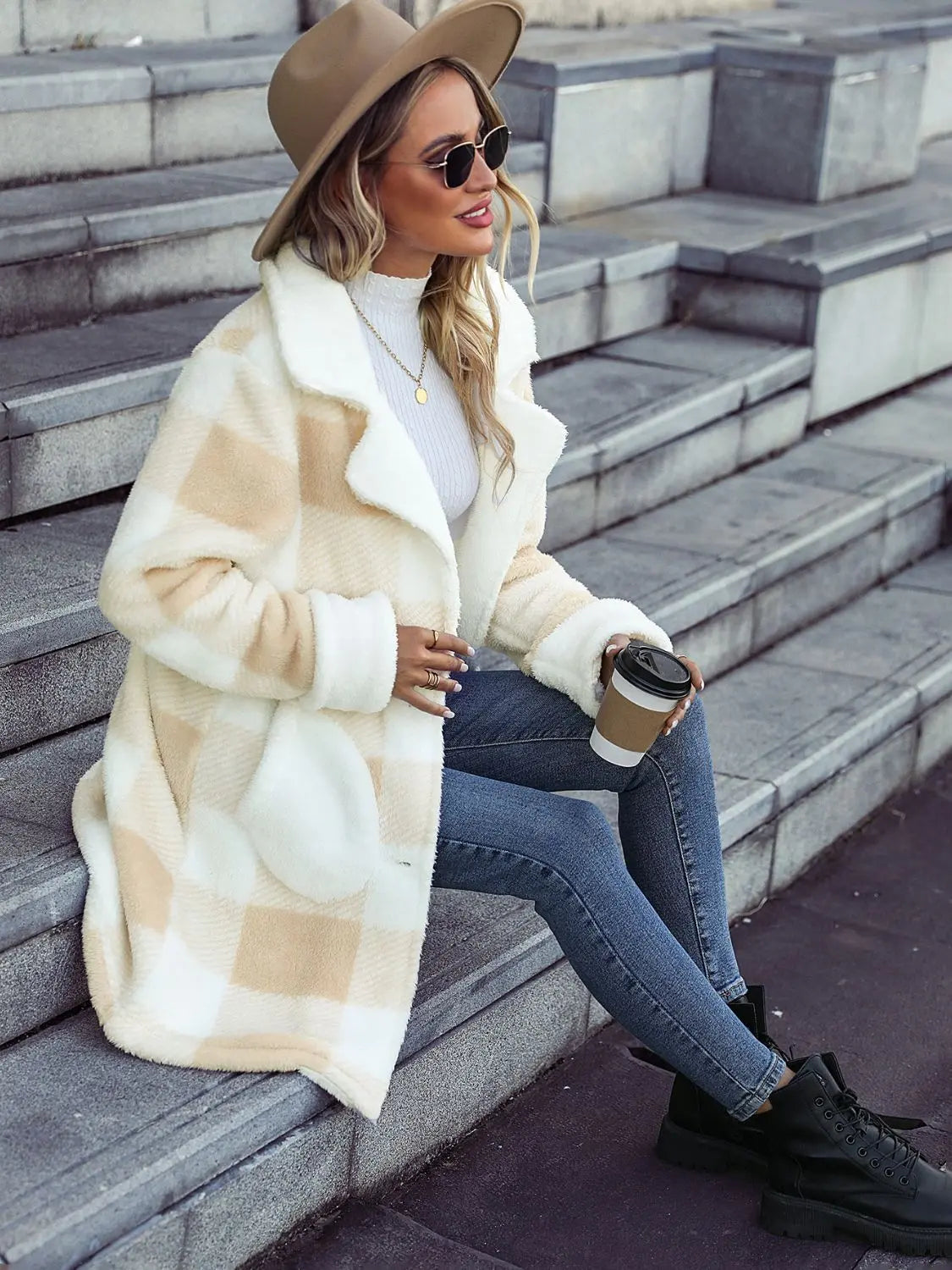 Plaid Button Down Coat with Pockets Trendsi