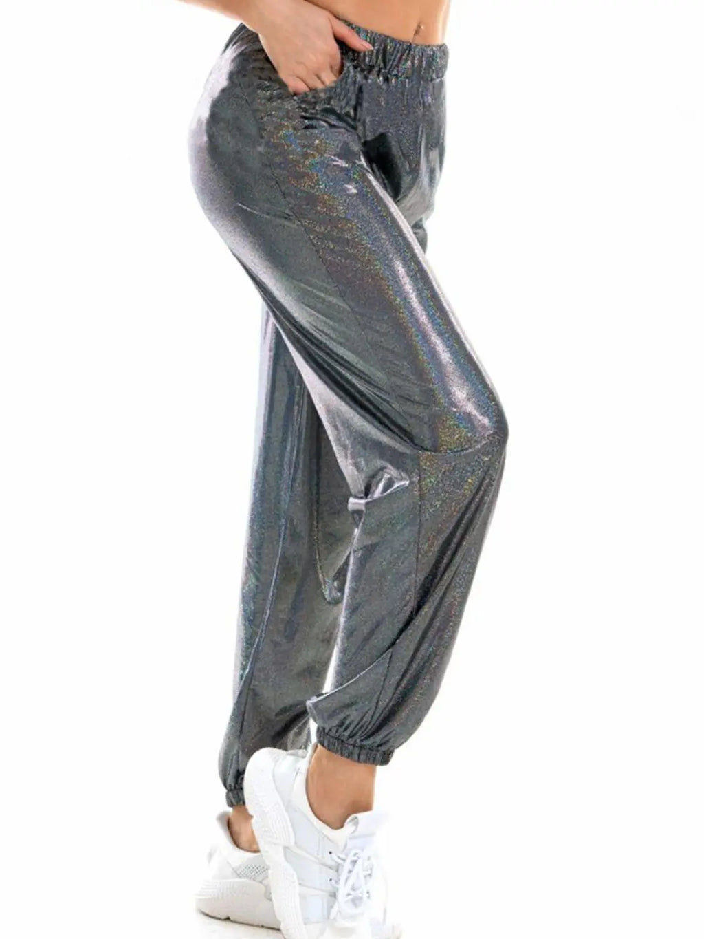 Glitter Elastic Waist Pants with Pockets - GlossiChic Collection Dark Gray / S GlossiChic Collection Jeans, Pants, & Shorts