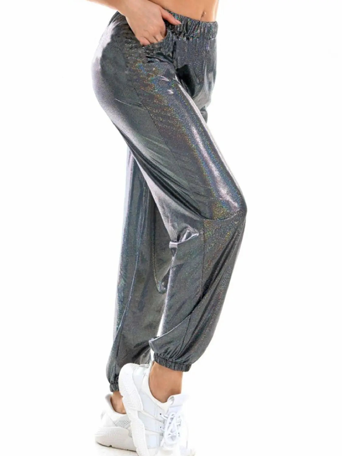 Glitter Elastic Waist Pants with Pockets Trendsi