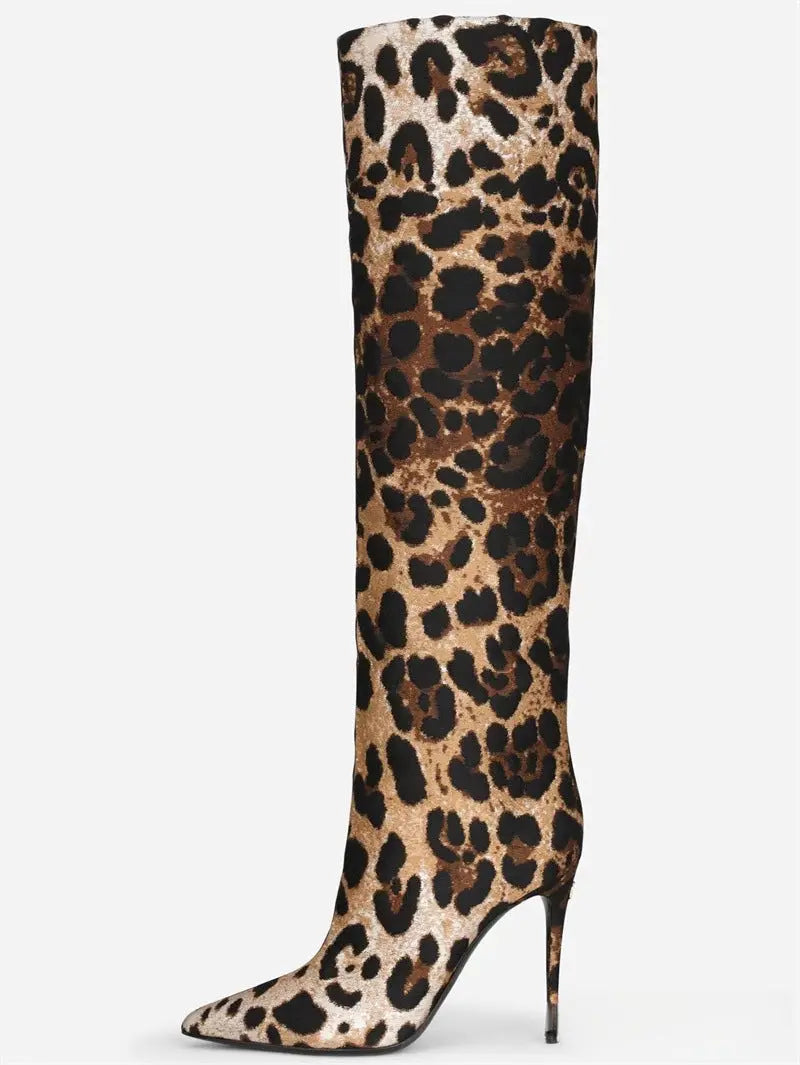 Fashion Pointed Stiletto Heel Leopard Print Boots - GlossiChic Collection