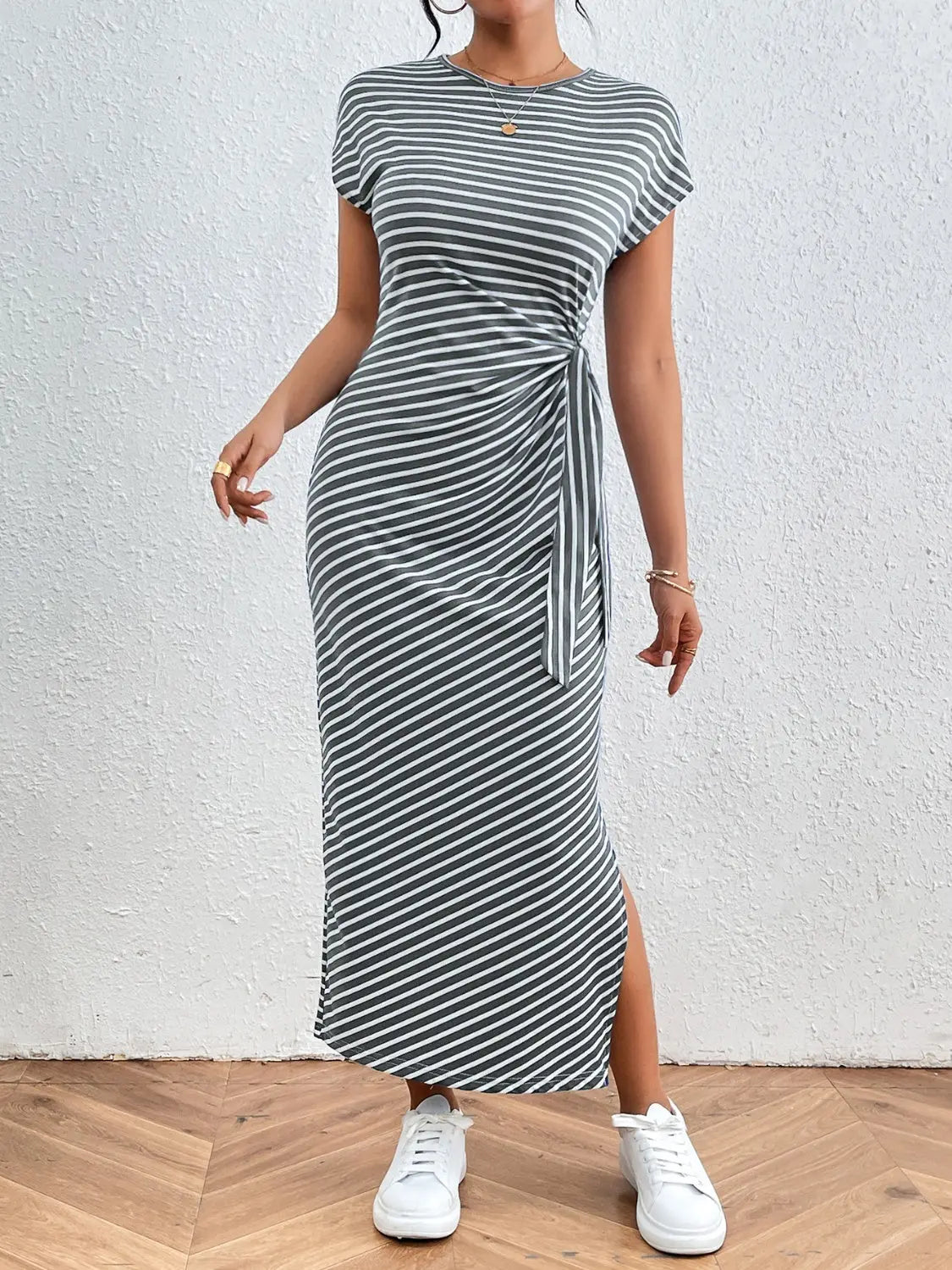 Tied Striped Round Neck Short Sleeve Tee Dress Trendsi