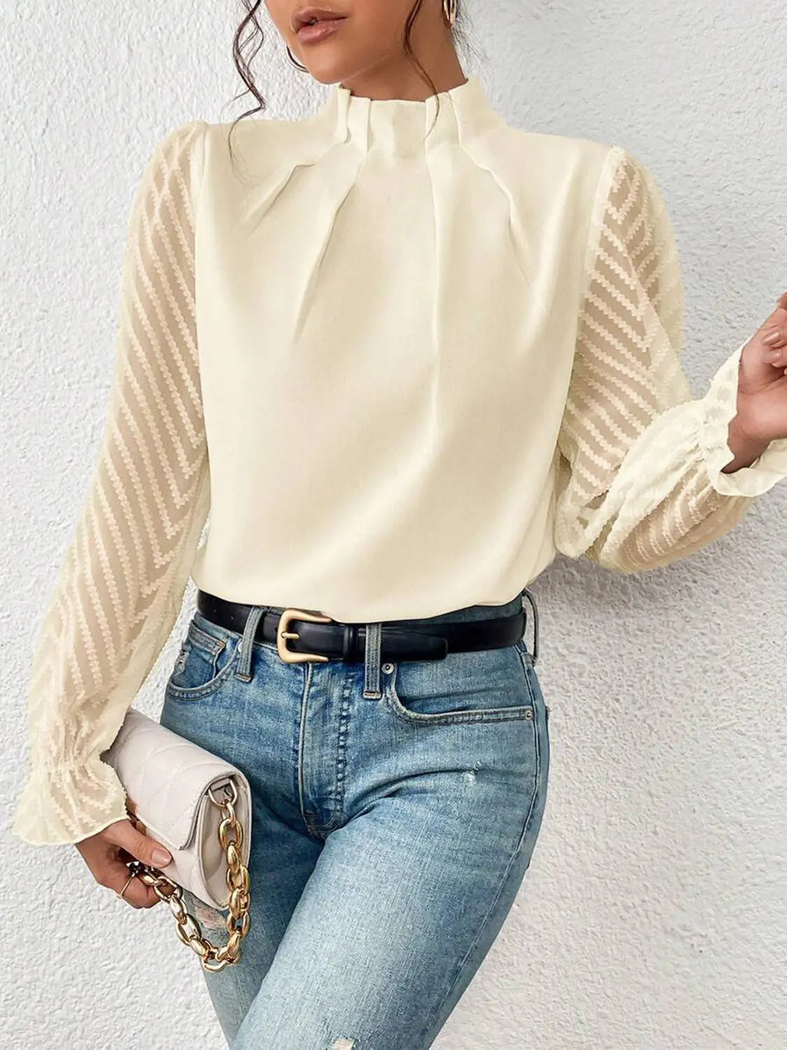 Mock Neck Flounce Sleeve Blouse - GlossiChic Collection Navy / S GlossiChic Collection Shirts & Tops
