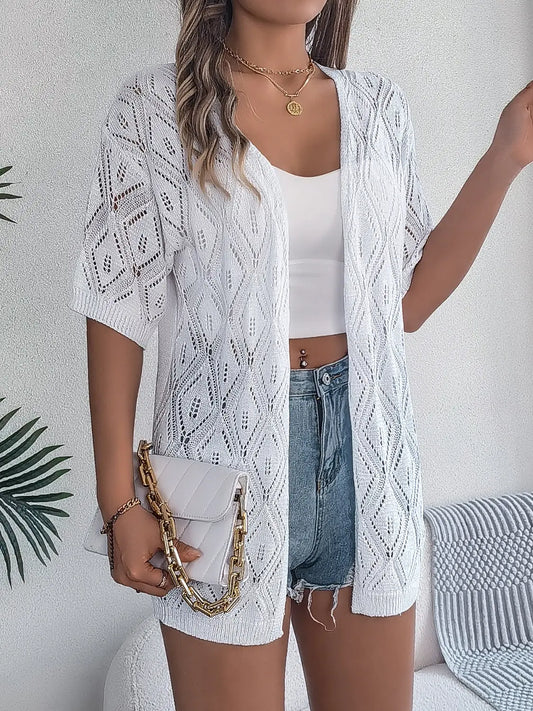 Openwork Open Front Half Sleeve Cardigan Trendsi