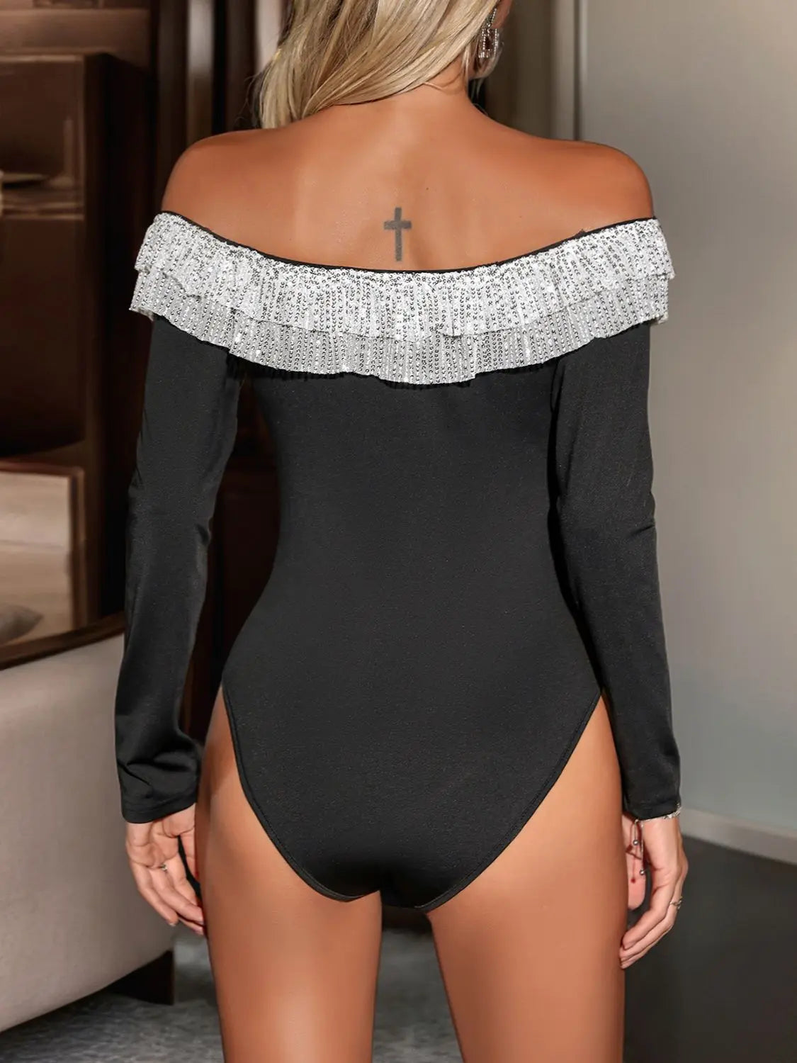 Sequin Ruffled Off-Shoulder Long Sleeve Bodysuit GlossiChic Collection