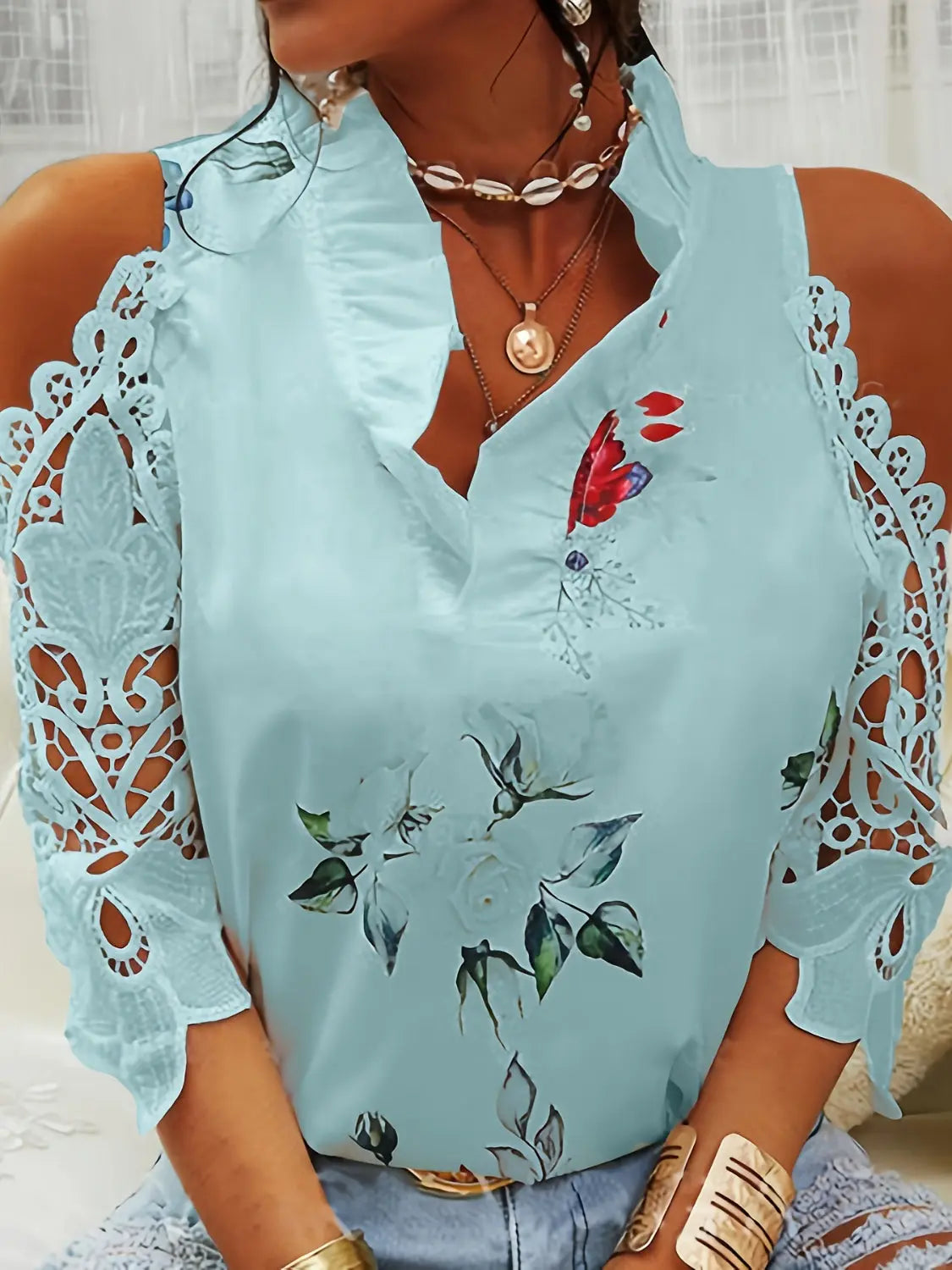 Full Size Lace Printed Half Sleeve Blouse - GlossiChic Collection Tiffany Blue / S GlossiChic Collection Shirts & Tops