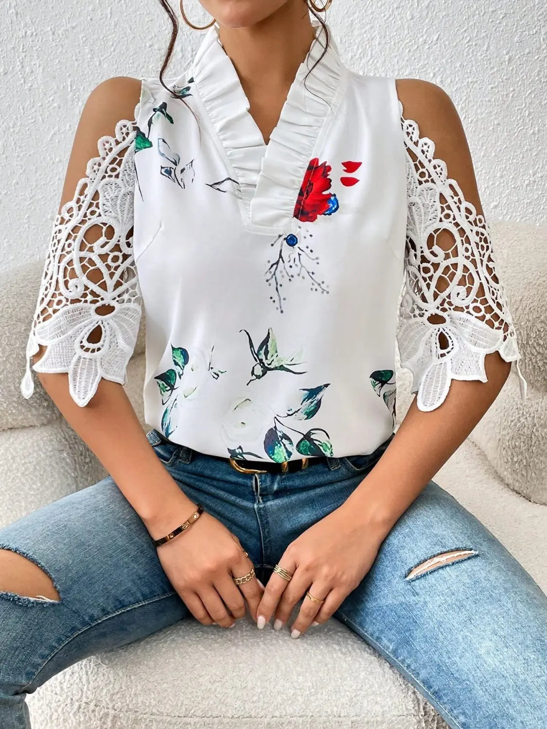 Full Size Lace Printed Half Sleeve Blouse - GlossiChic Collection White / S GlossiChic Collection Shirts & Tops