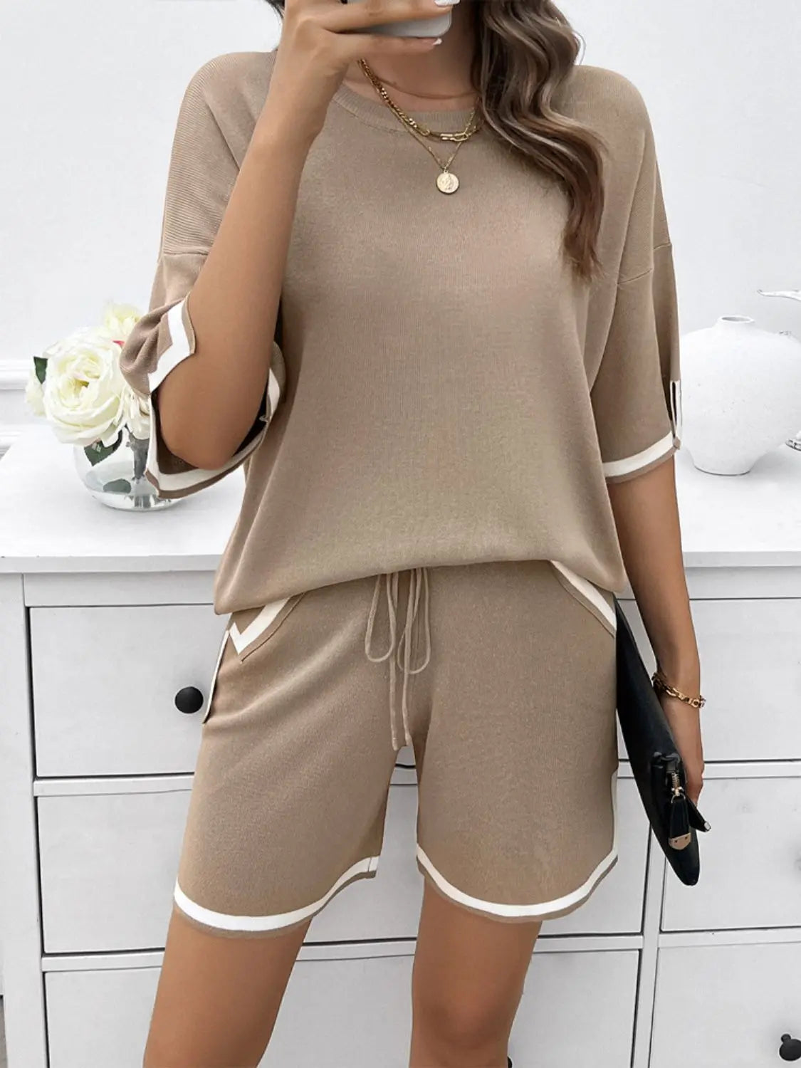 Contrast Trim Round Neck Top and Shorts Set Trendsi