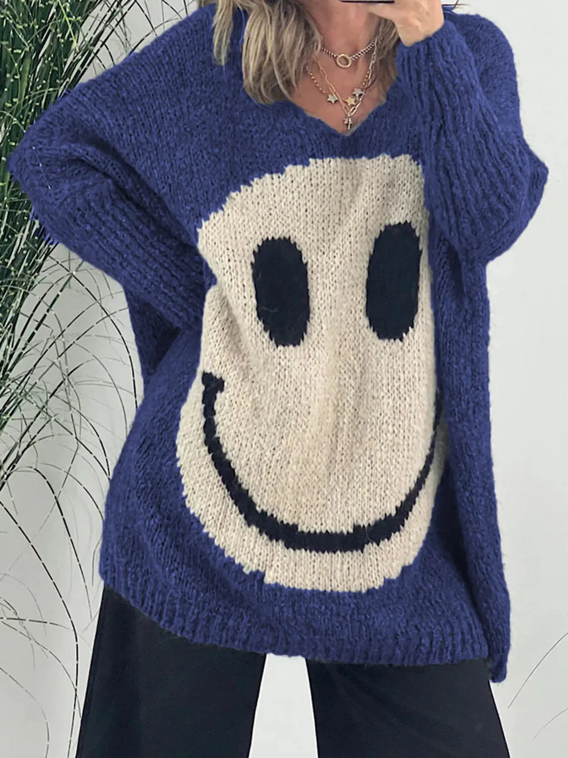 Smiling Face V-Neck Long Sleeve Sweater GlossiChic Collection