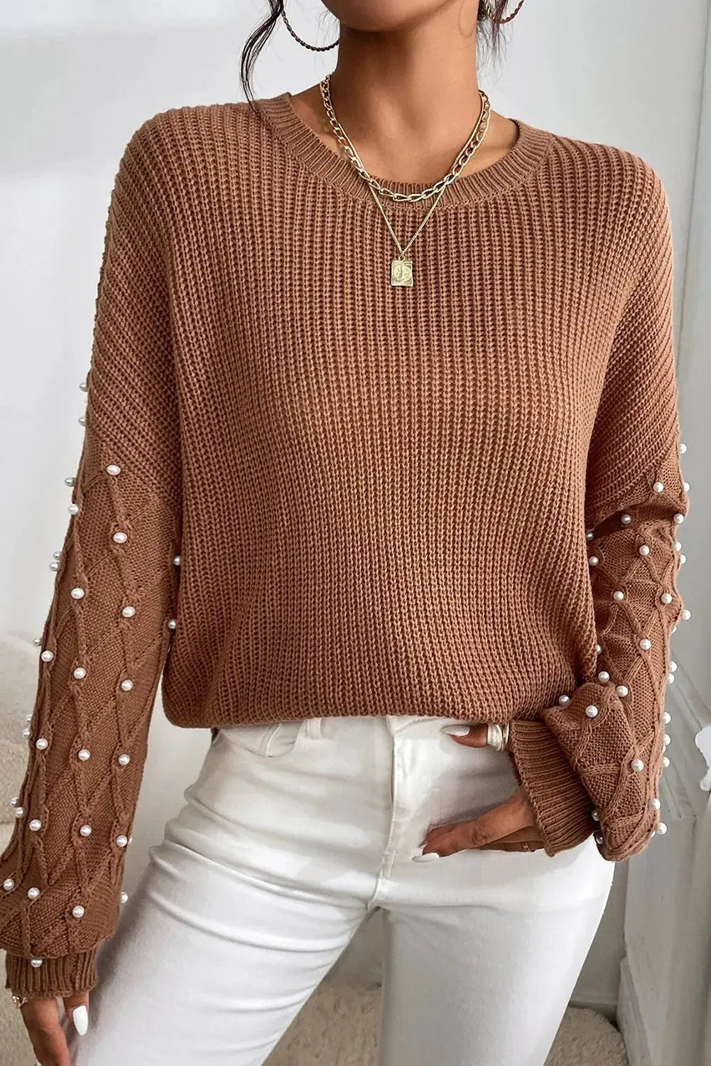 Pearl Detail Round Neck Long Sleeve Sweater Trendsi