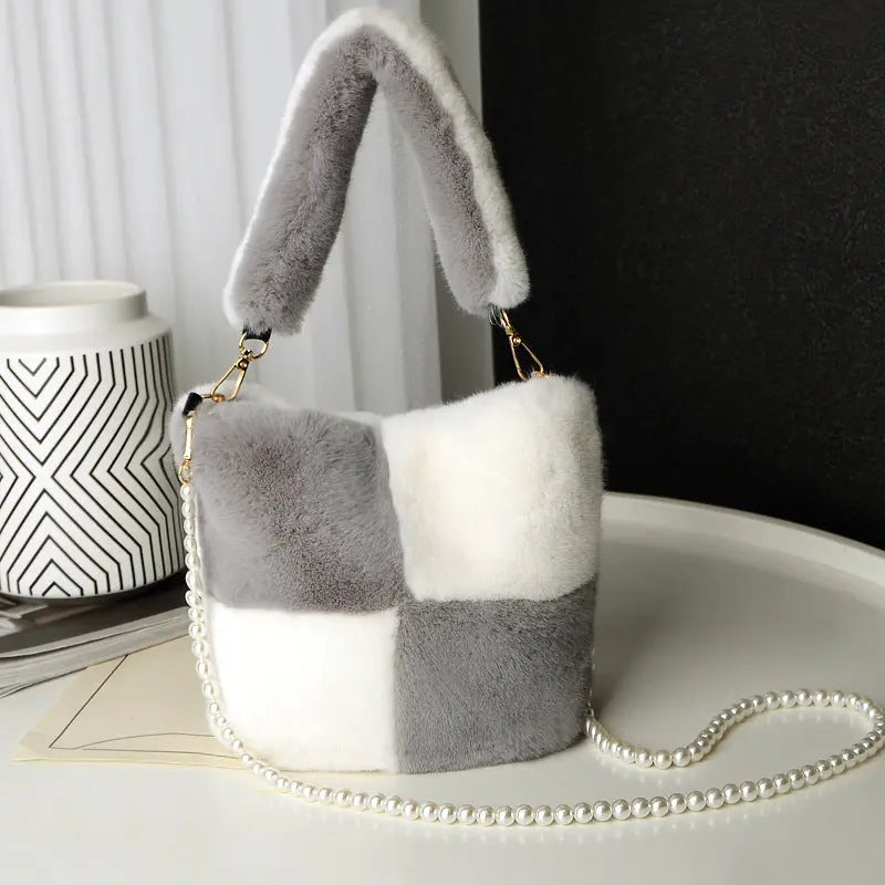 Checkerboard Plush Bucket With Pearl Chain Handbag - GlossiChic Collection