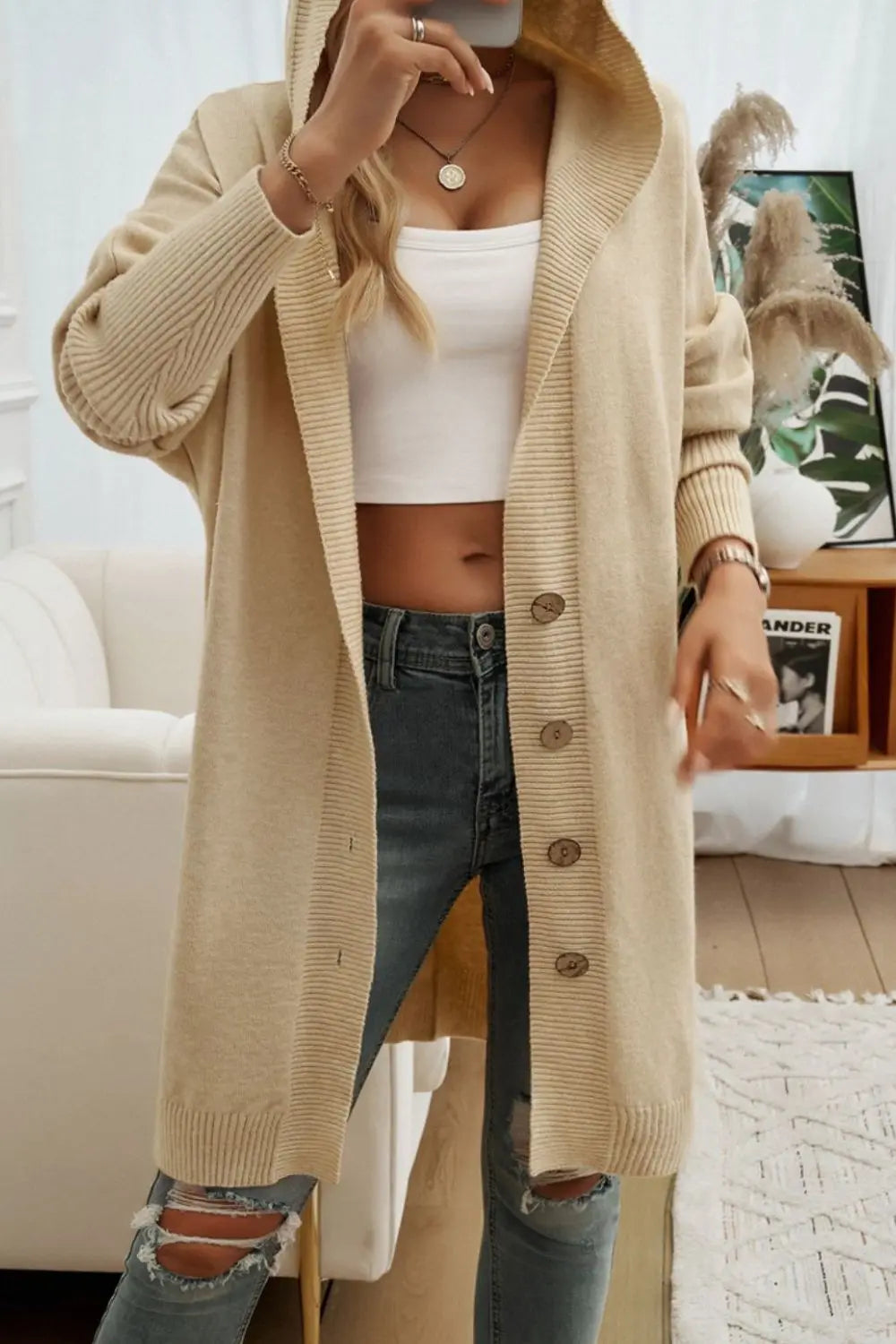 Devine Button Up Long Sleeve Hooded Cardigan Trendsi