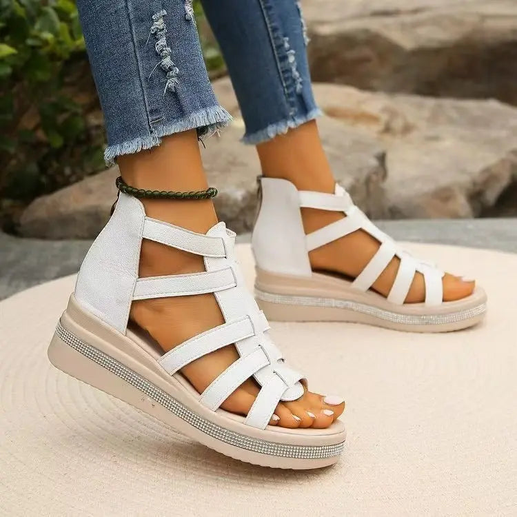 Cutout Rhinestone Trim Wedge Sandals - GlossiChic Collection