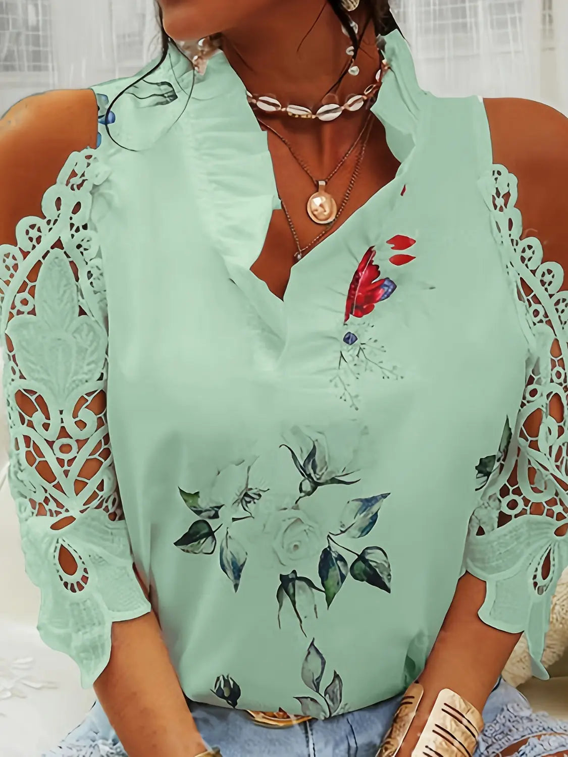 Full Size Lace Printed Half Sleeve Blouse - GlossiChic Collection Mist Green / S GlossiChic Collection Shirts & Tops