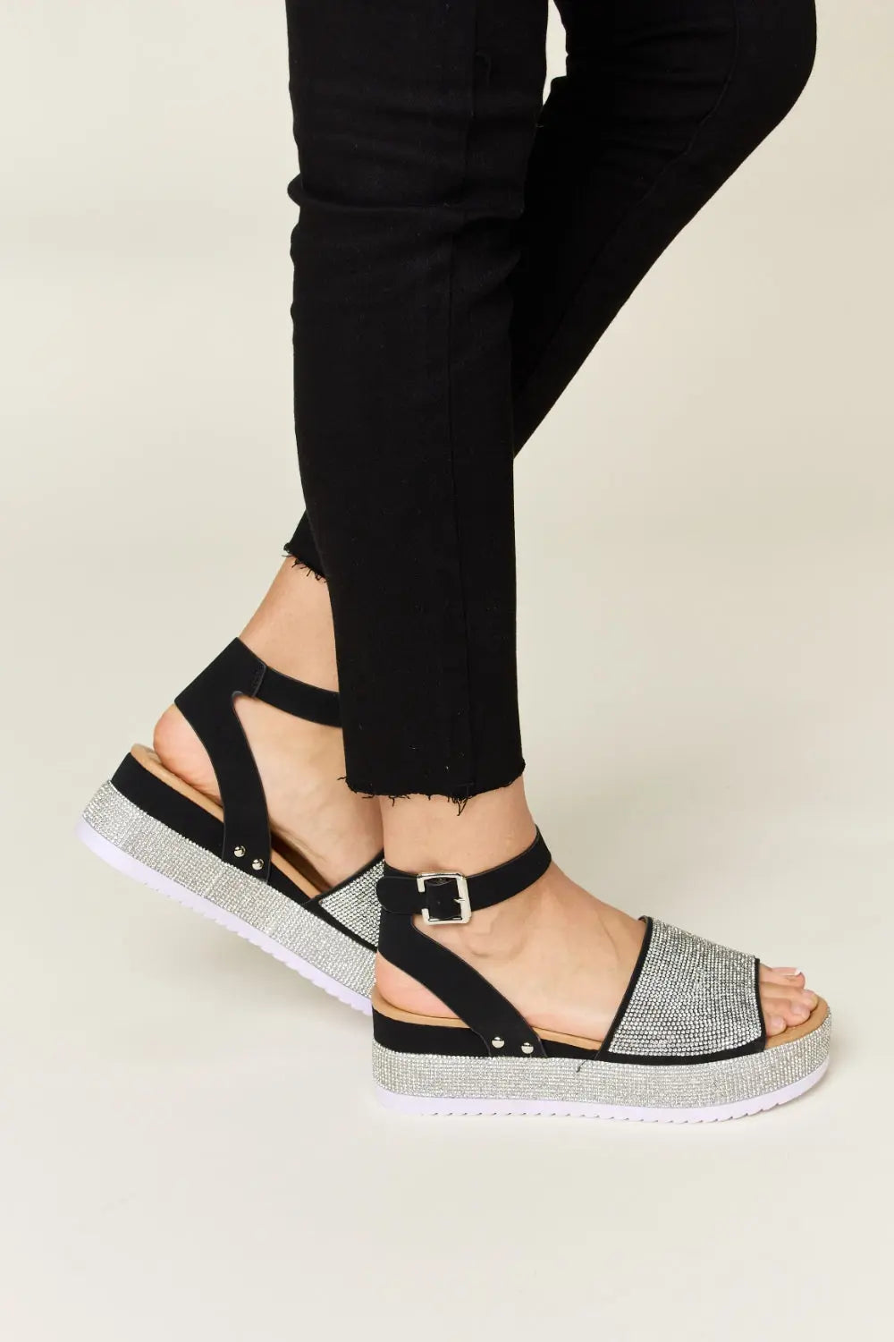 Rhinestone Buckle Strappy Wedge Sandals - GlossiChic Collection Black / 6 GlossiChic Collection Shoes & Accessories