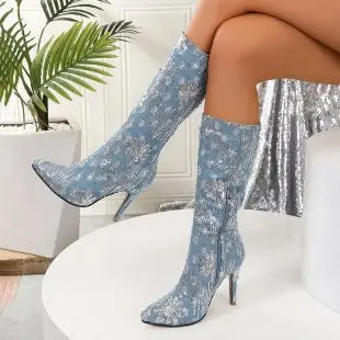 Sequins Flower Denim Pointed-Toe Stiletto Boots GlossiChic Collection