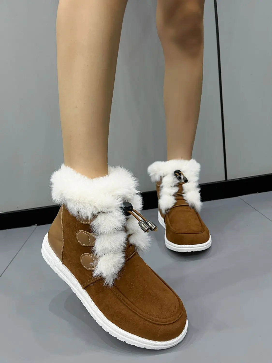 Plush Detail Suede Round Toe Boots Trendsi