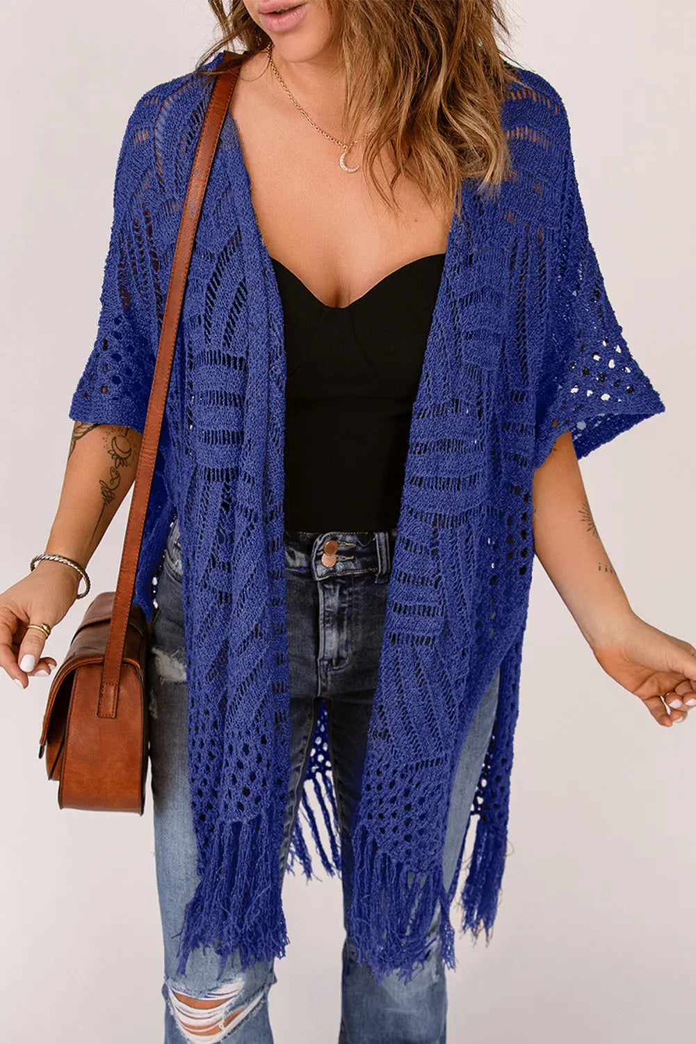 Openwork Open Front Cardigan with Fringes Trendsi