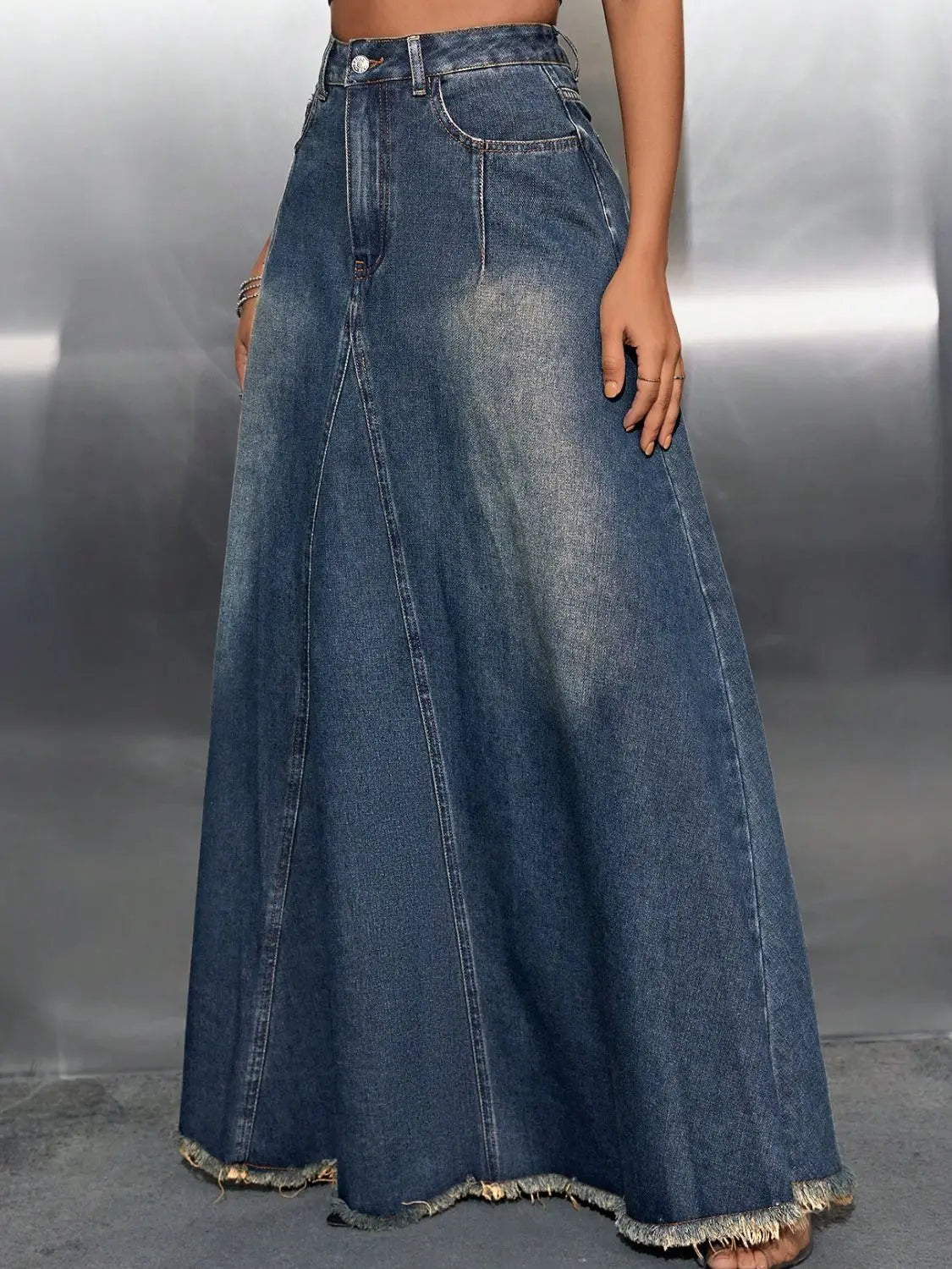 Raw Hem High Waist Denim Skirt with Pockets Trendsi