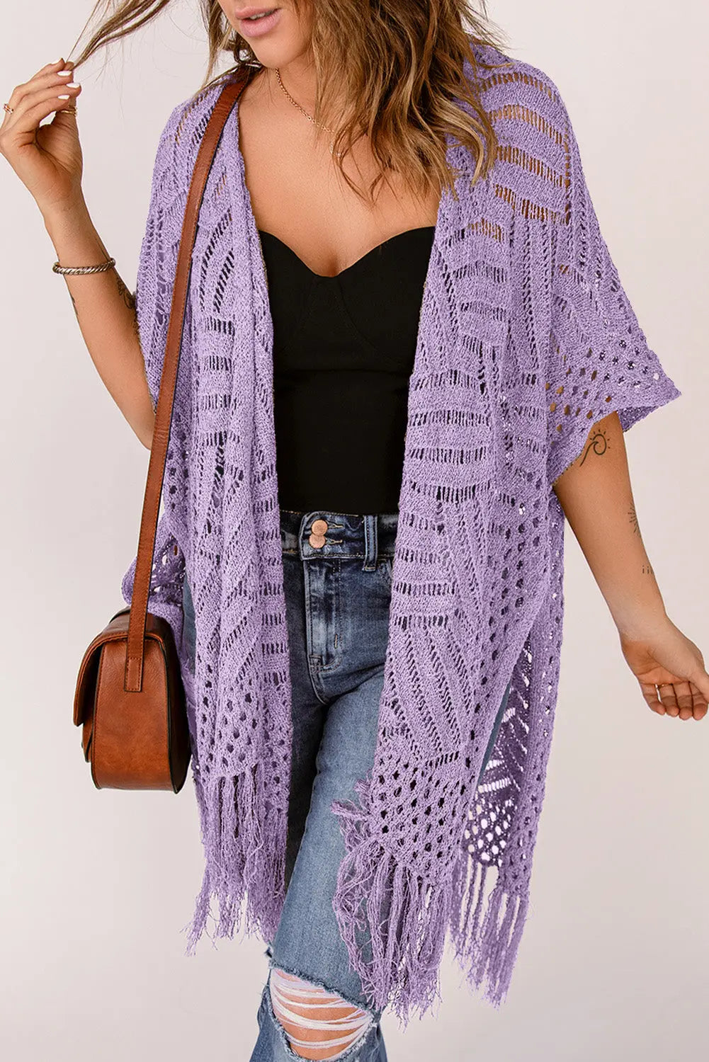 Openwork Open Front Cardigan with Fringes Trendsi