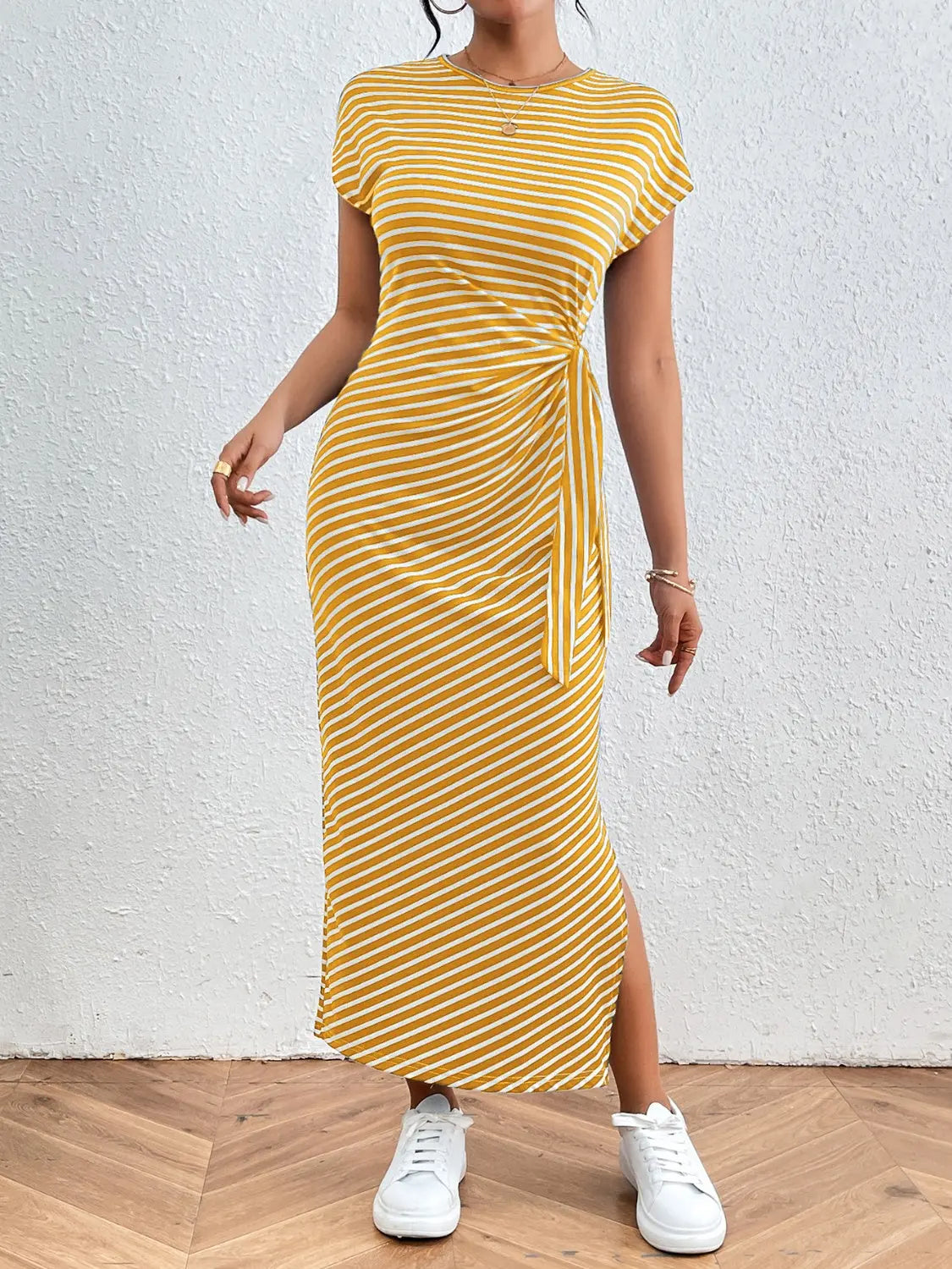 Tied Striped Round Neck Short Sleeve Tee Dress Trendsi