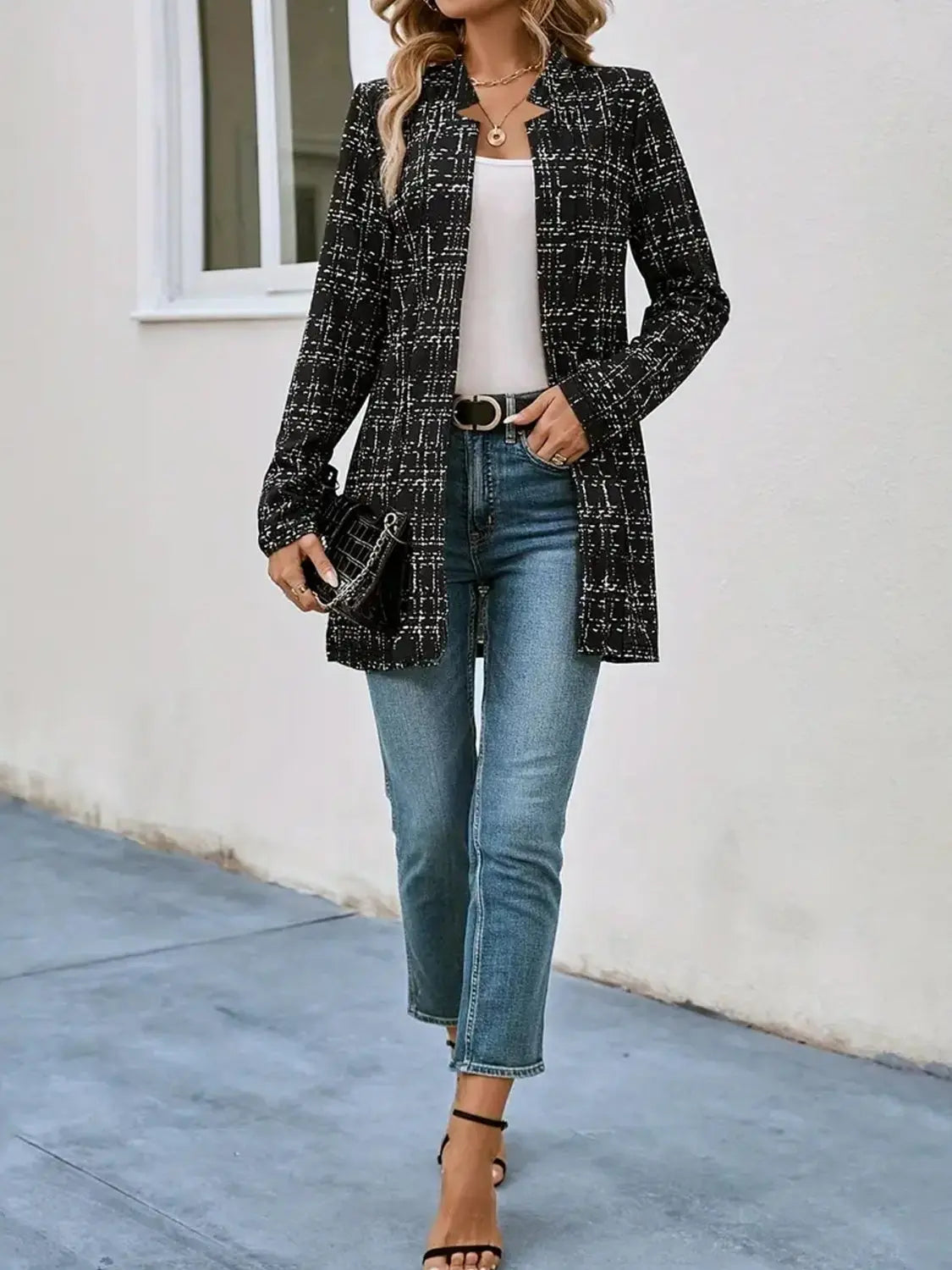 Plaid Open Front Long Sleeve Blazer GlossiChic Collection