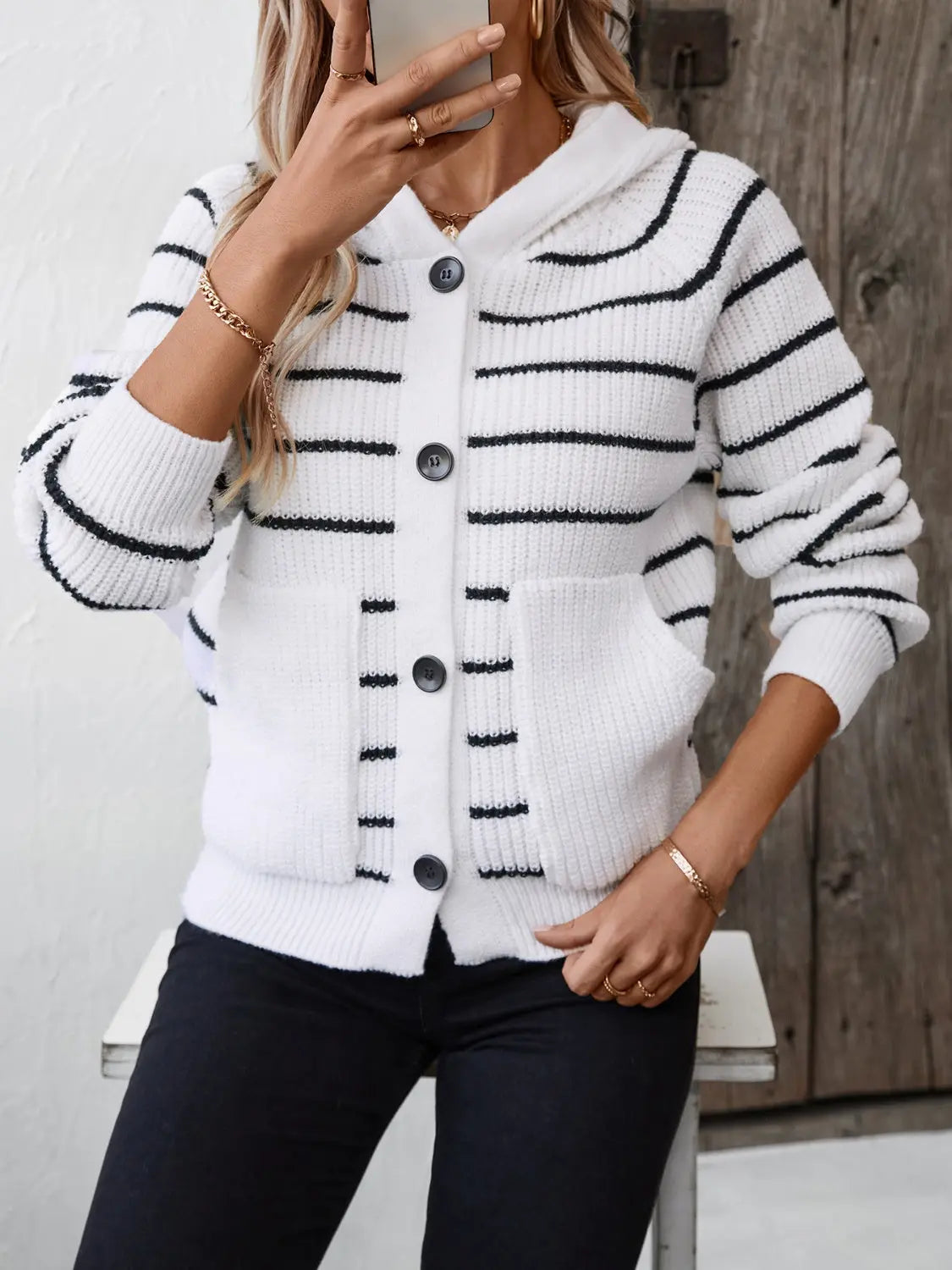 Striped Button Up Long Sleeve Hooded Cardigan Trendsi