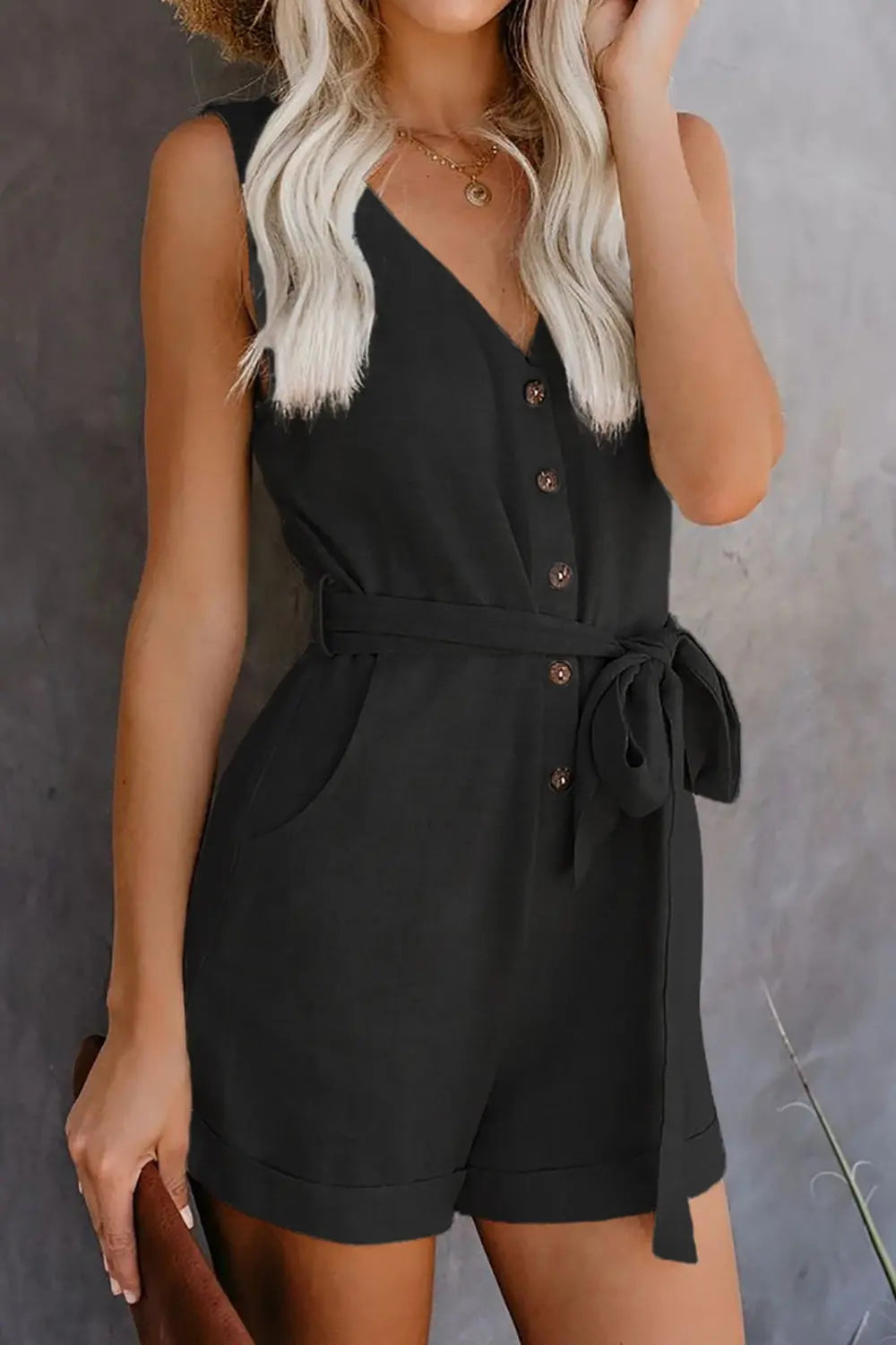 Full Size Tied V-Neck Sleeveless Romper with Pockets - GlossiChic Collection