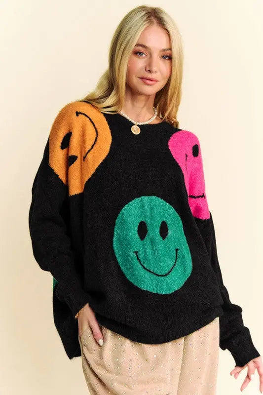 Contrast Smile Round Neck Oversize Sweater GlossiChic Collection