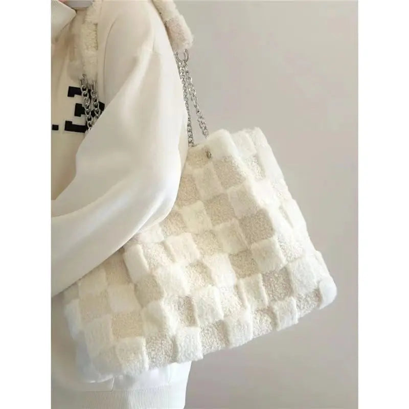 White Checkerboard Plush Tote Bag GlossiChic Collection