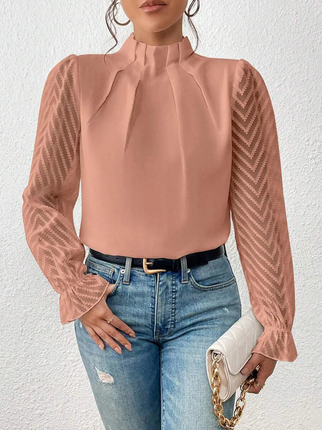 Mock Neck Flounce Sleeve Blouse - GlossiChic Collection Burnt Coral / S GlossiChic Collection Shirts & Tops