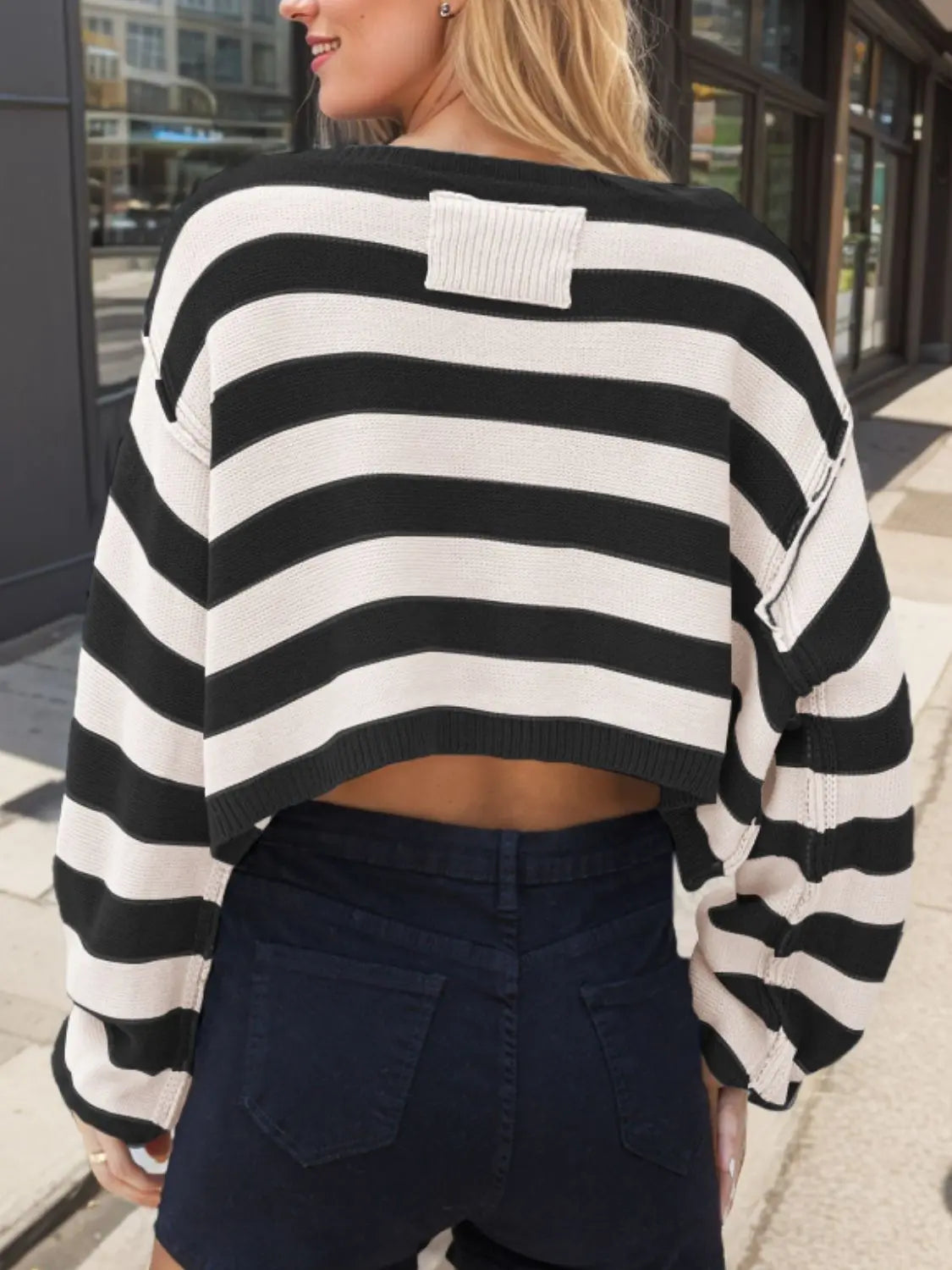 Striped Dropped Shoulder Long Sleeve Sweater Trendsi