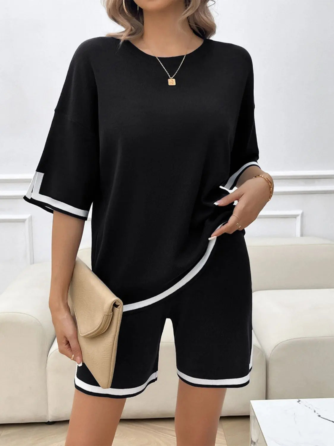 Contrast Trim Round Neck Top and Shorts Set Trendsi