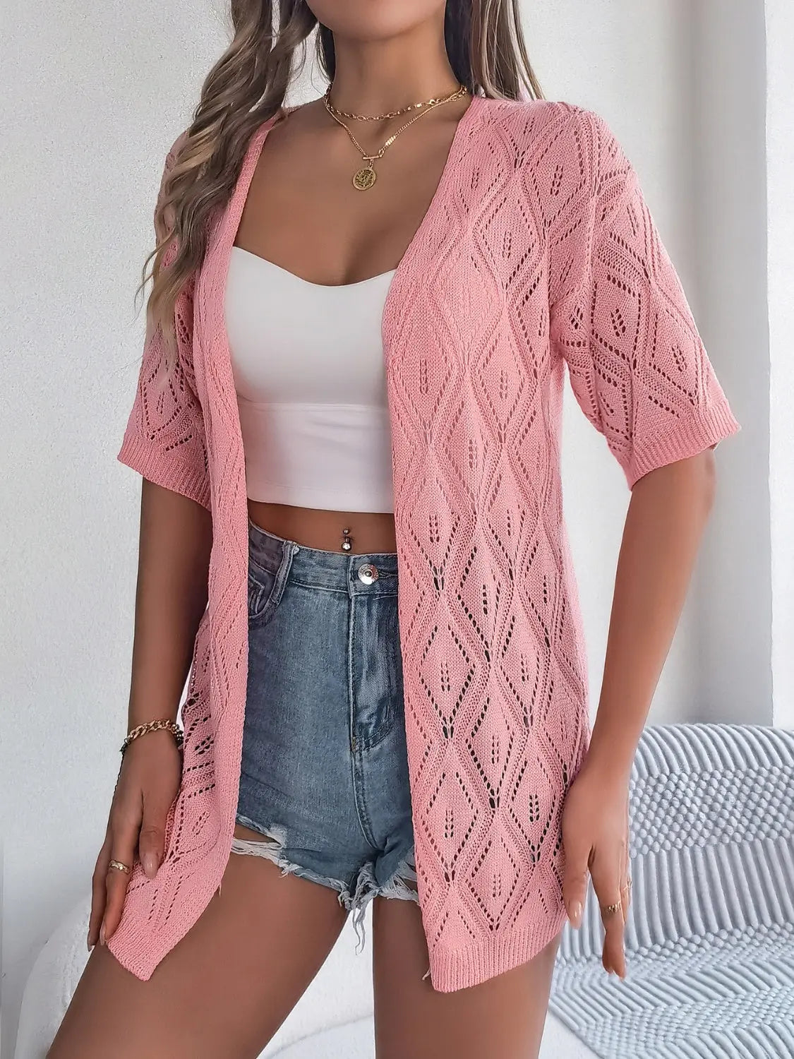 Openwork Open Front Half Sleeve Cardigan Trendsi