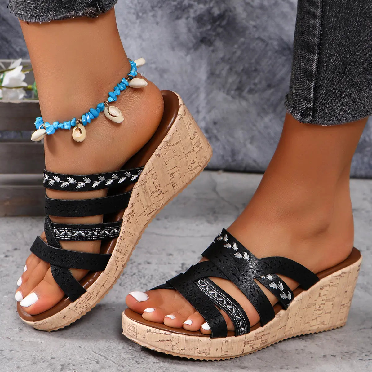 PU Leather Crisscross Wedge Sandals Trendsi