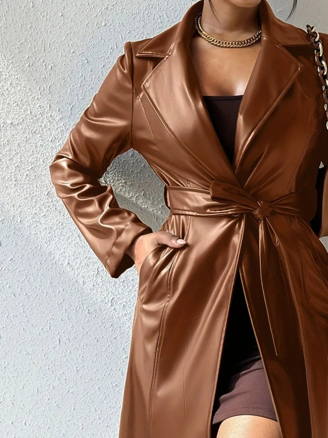 Tied PU Leather Long Sleeve Trench Coat  GlossiChic Collection