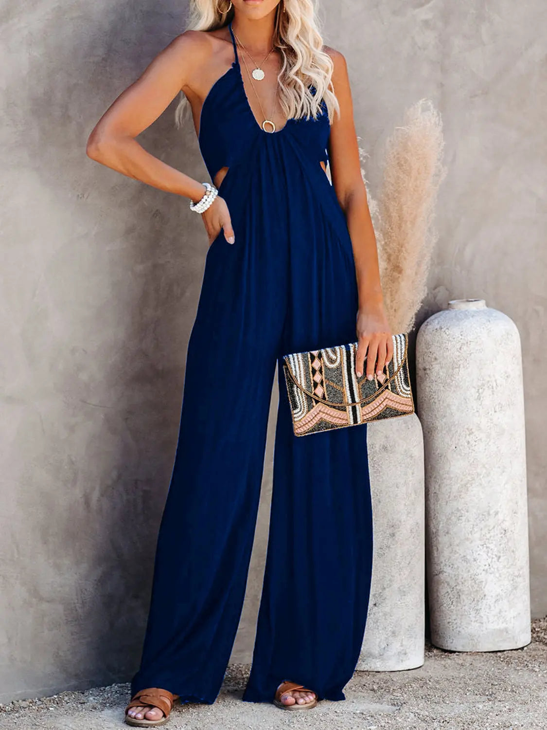 Halter Neck Wide Leg Jumpsuit Trendsi