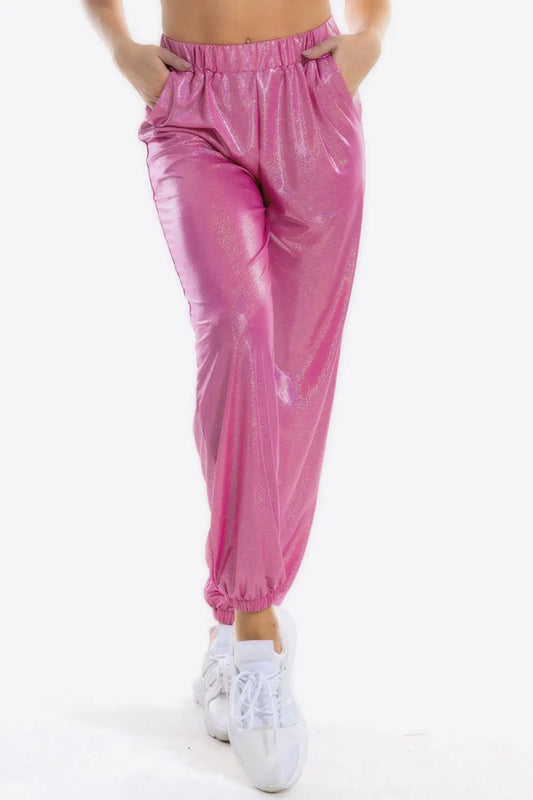 Glitter Elastic Waist Pants with Pockets Trendsi