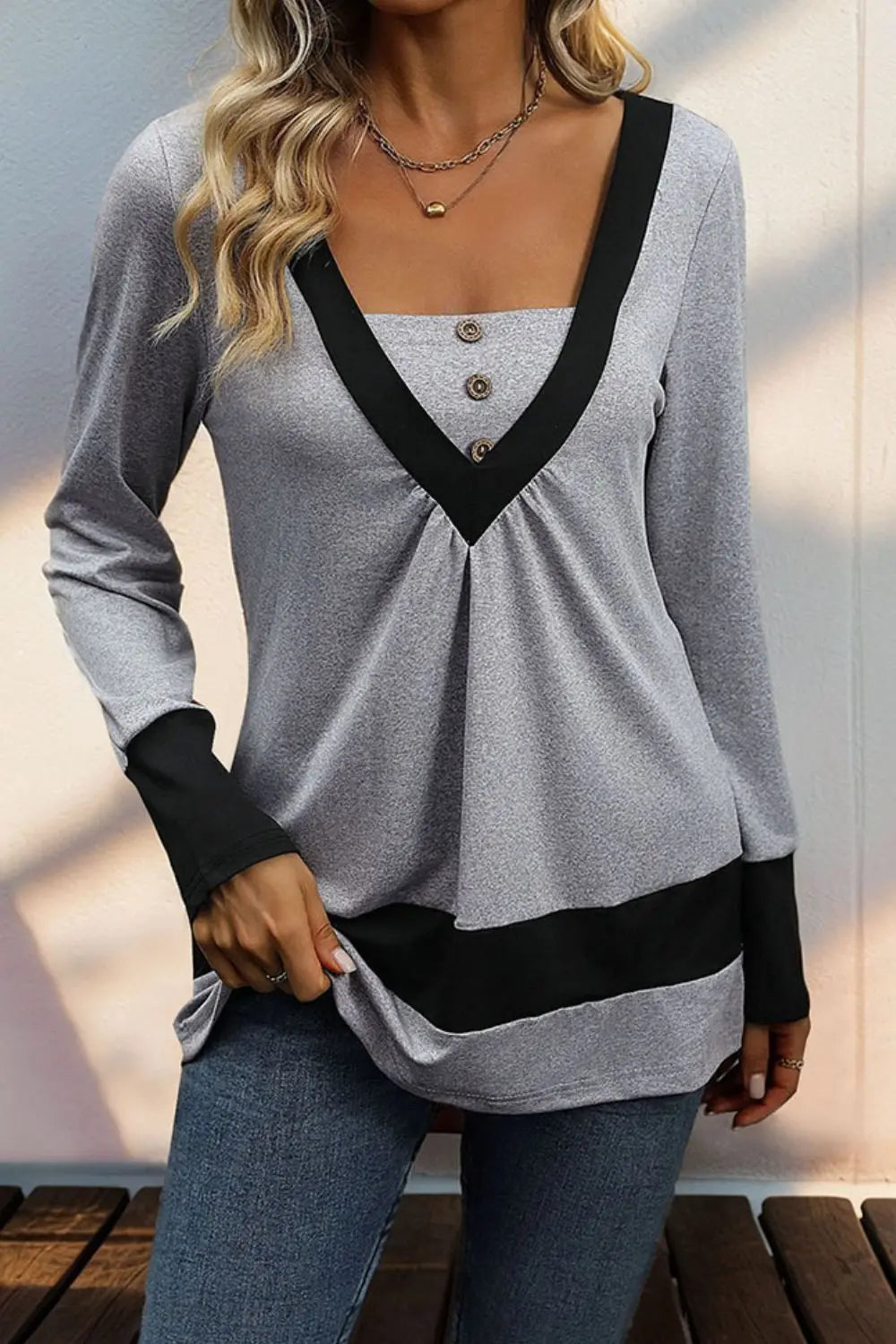 Perfee Contrast Long Sleeve T-Shirt Trendsi