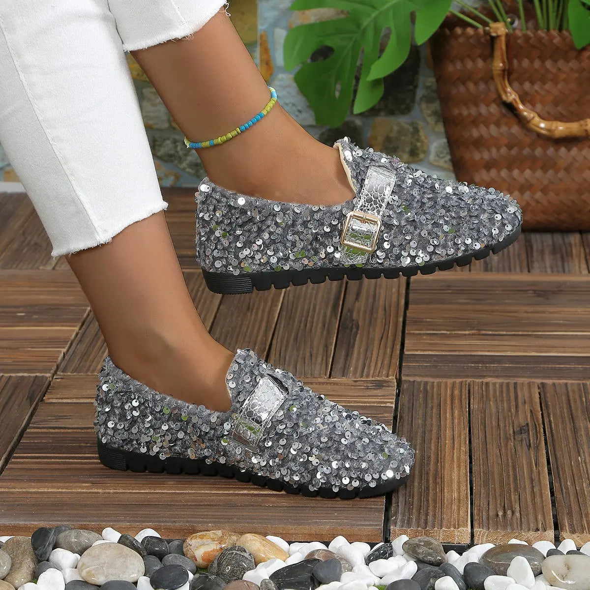 Sequin Round Toe Slip-Ons Trendsi