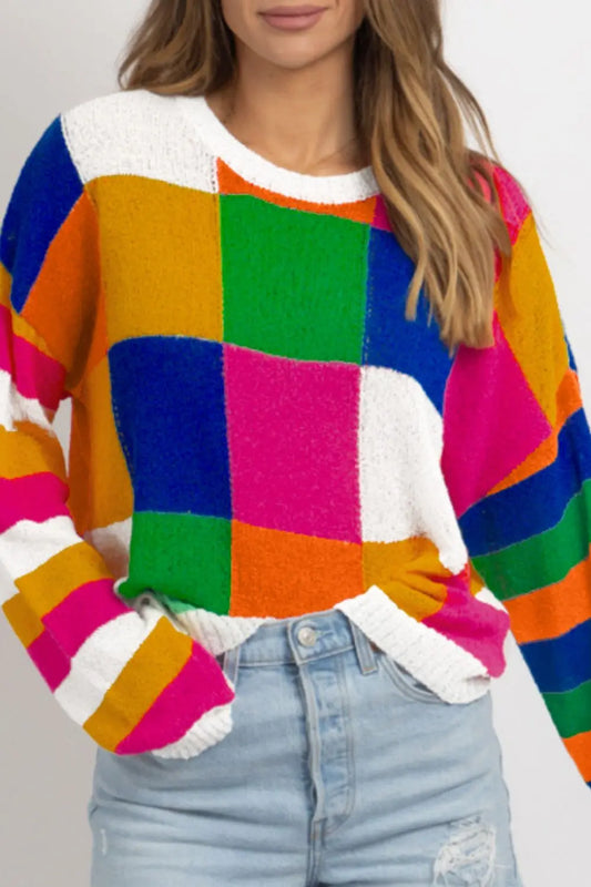 Color Block Round Neck Long Sleeve Sweater Trendsi