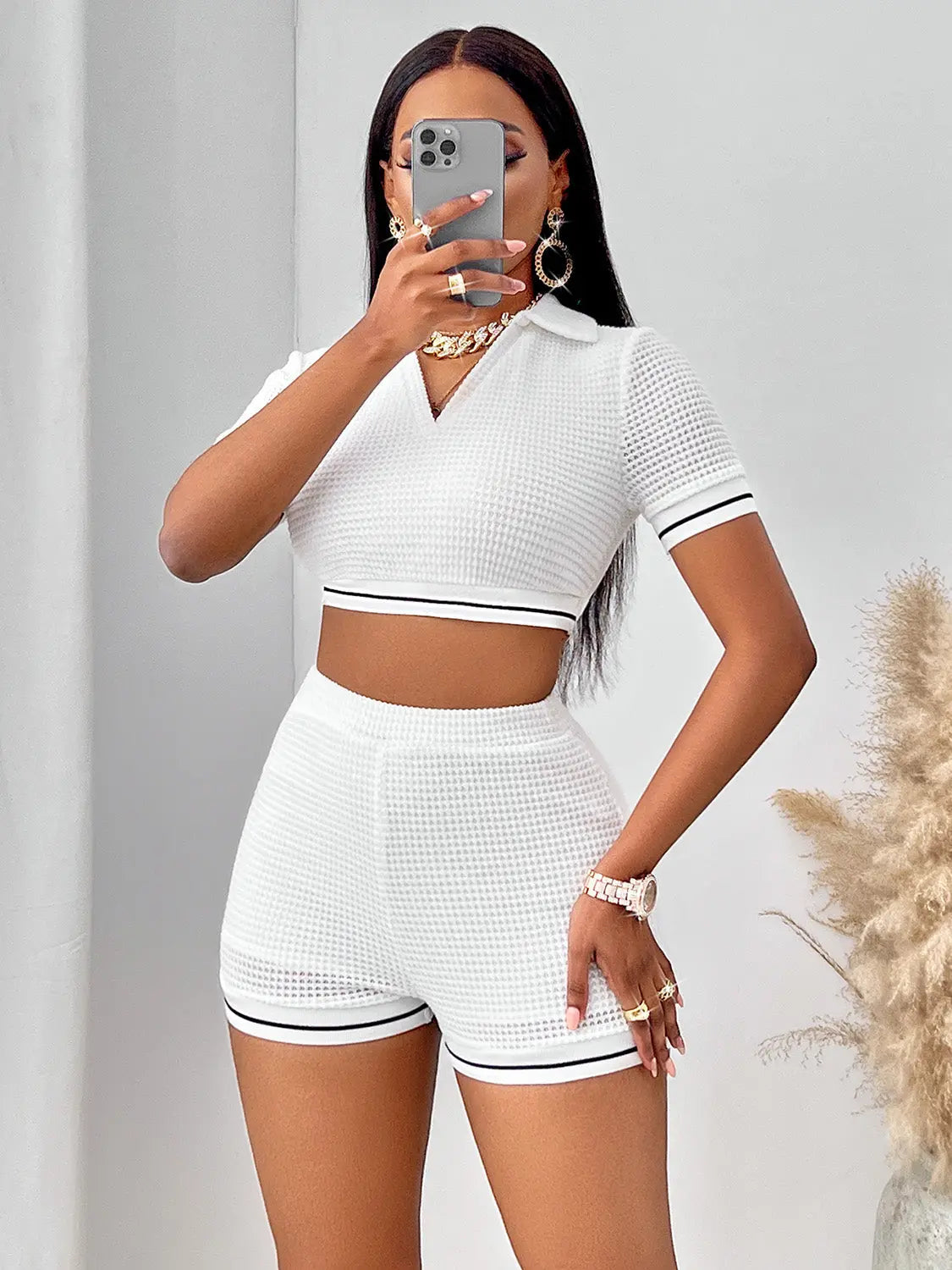 Waffle-Knit Collared Neck Cropped Top and Shorts Set Trendsi