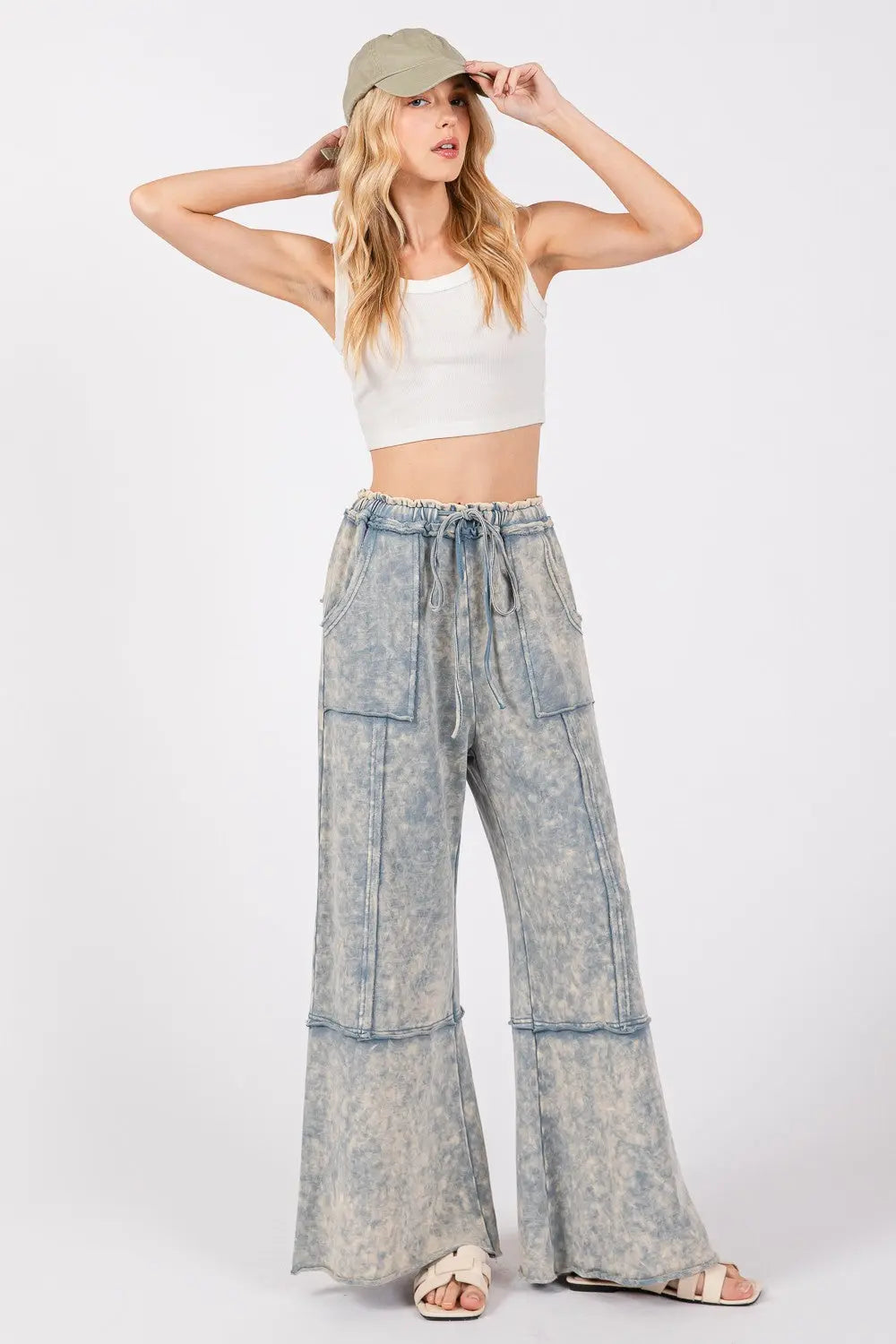 SAGE + FIG Mineral Washed Terry Wide Leg Pants Trendsi