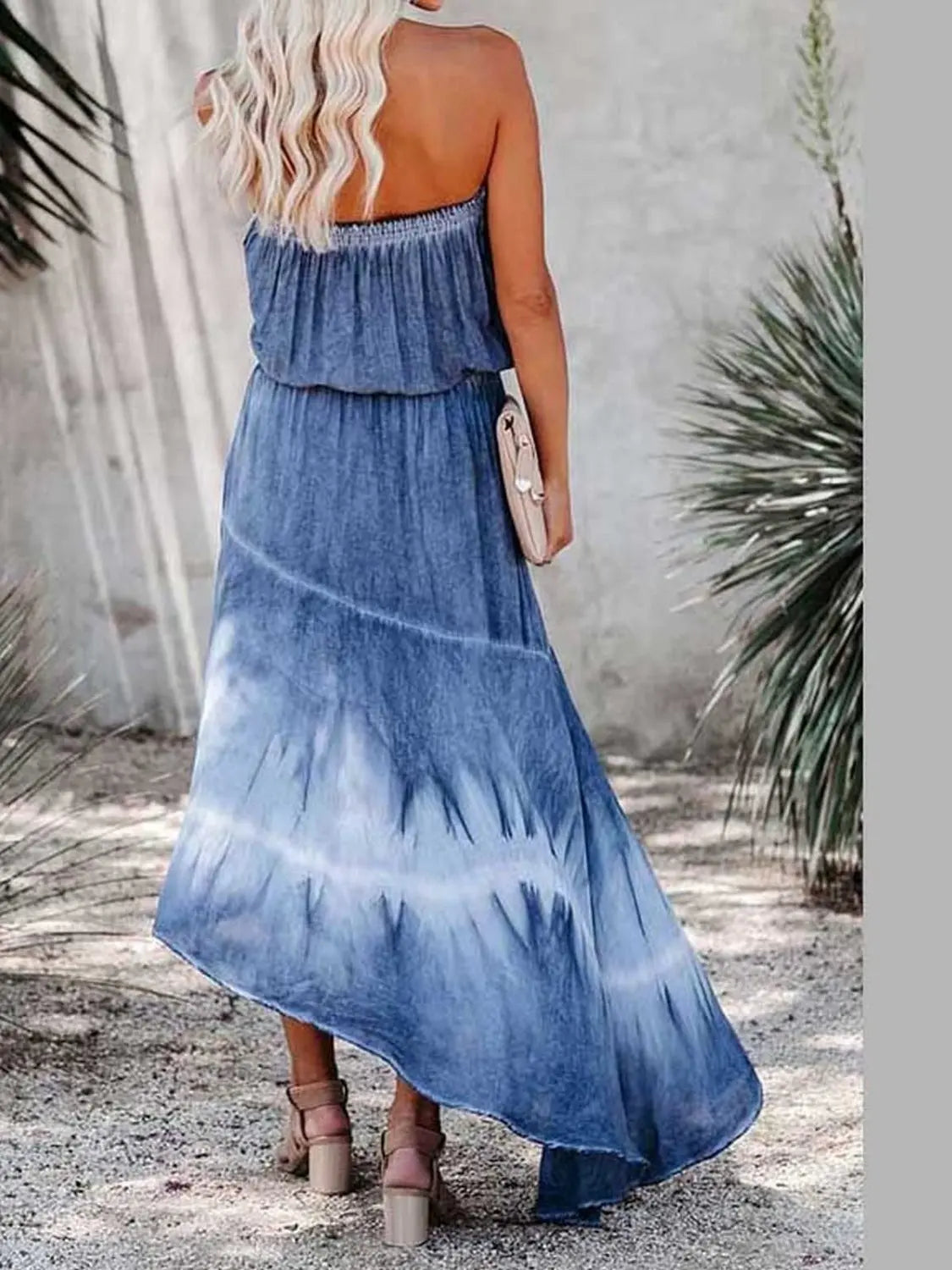 Smocked High-Low Tube Denim Dress Trendsi