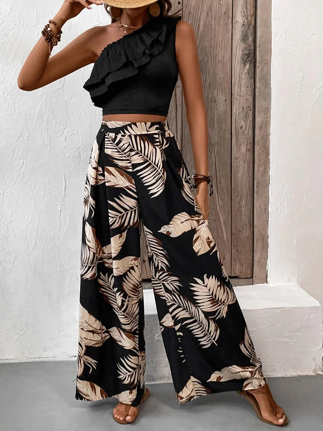 Ruffled Sleeveless Top and Printed Pants Set Trendsi