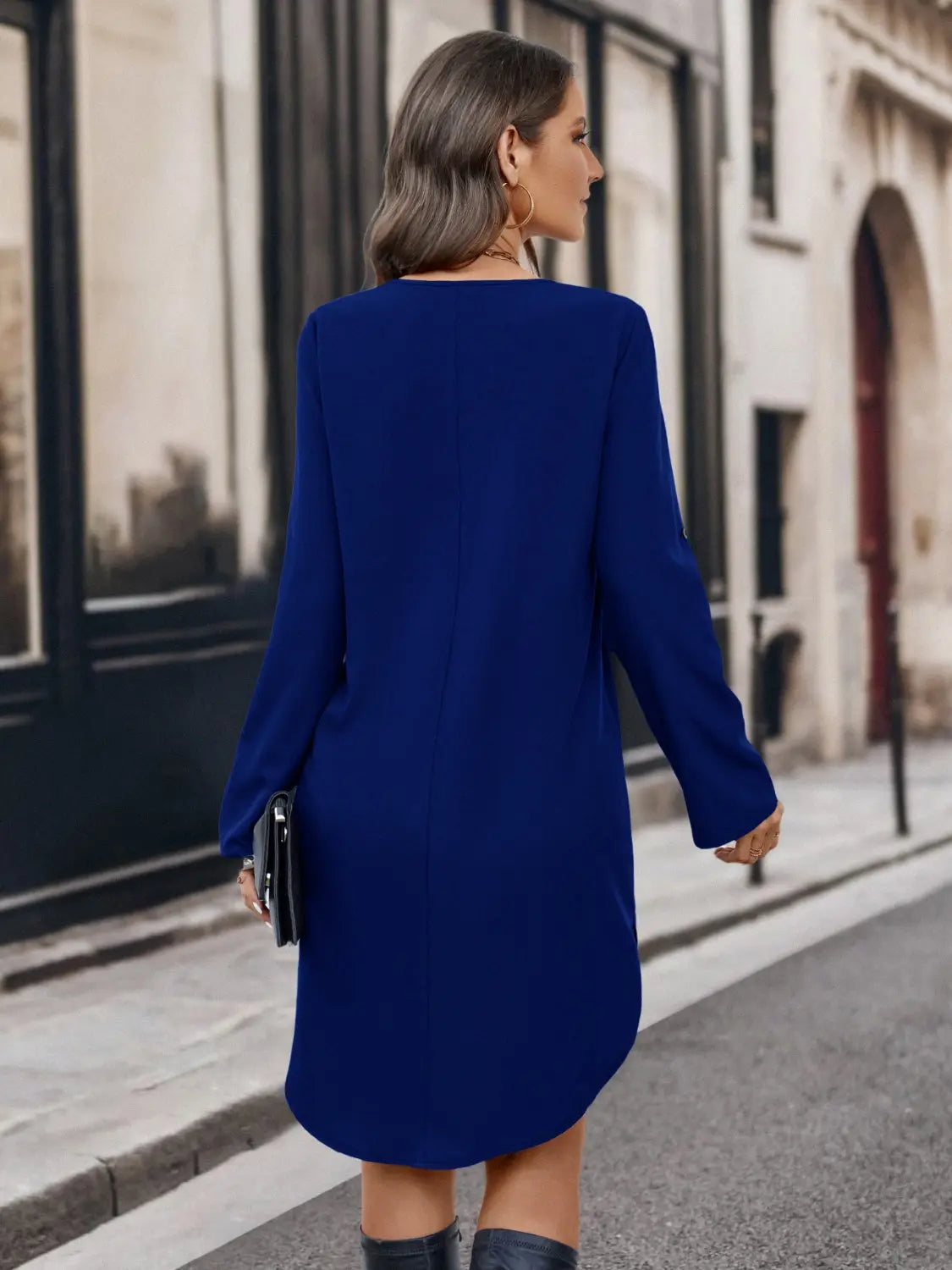 Half Zip Roll-Tab Sleeve Dress Trendsi