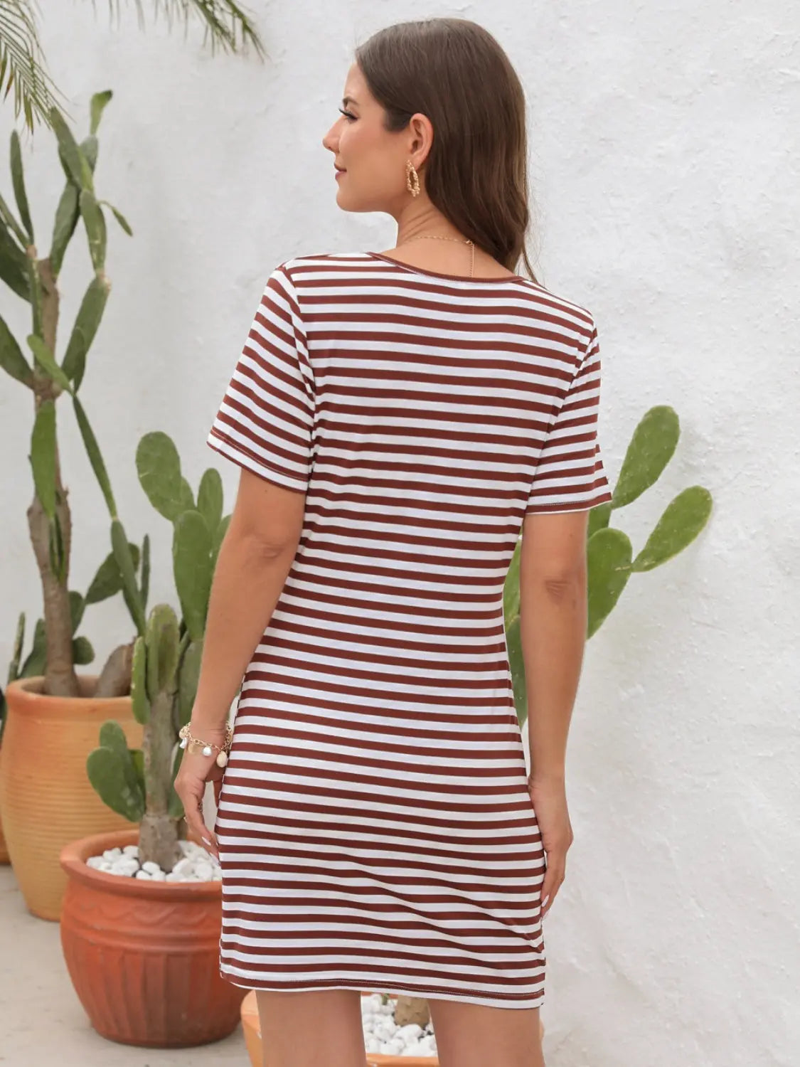 Cutout Striped Round Neck Short Sleeve Dress - GlossiChic Collection